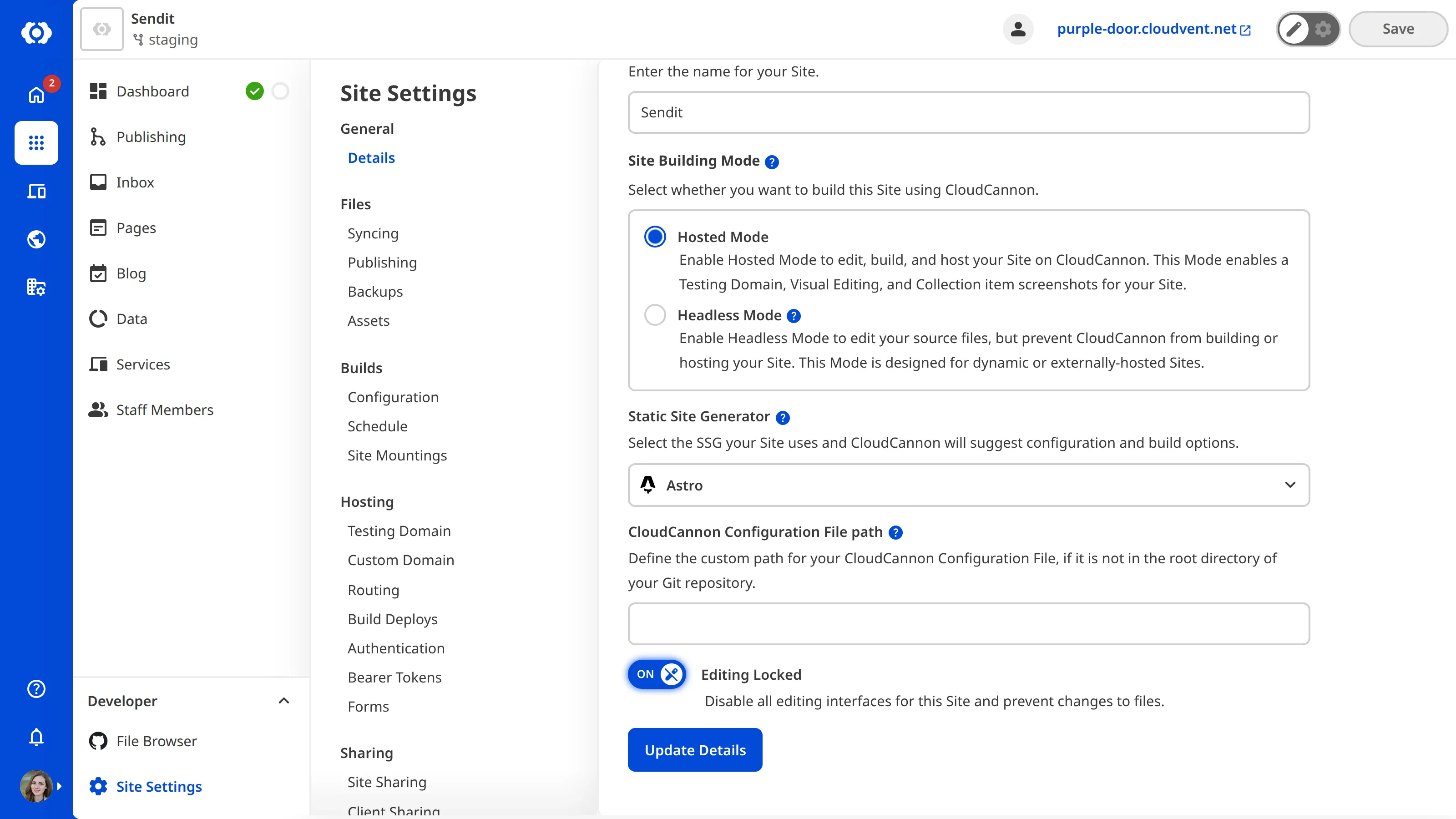 A screenshot of the Details page under Site Settings shows the Editing Locked toggle switched on.