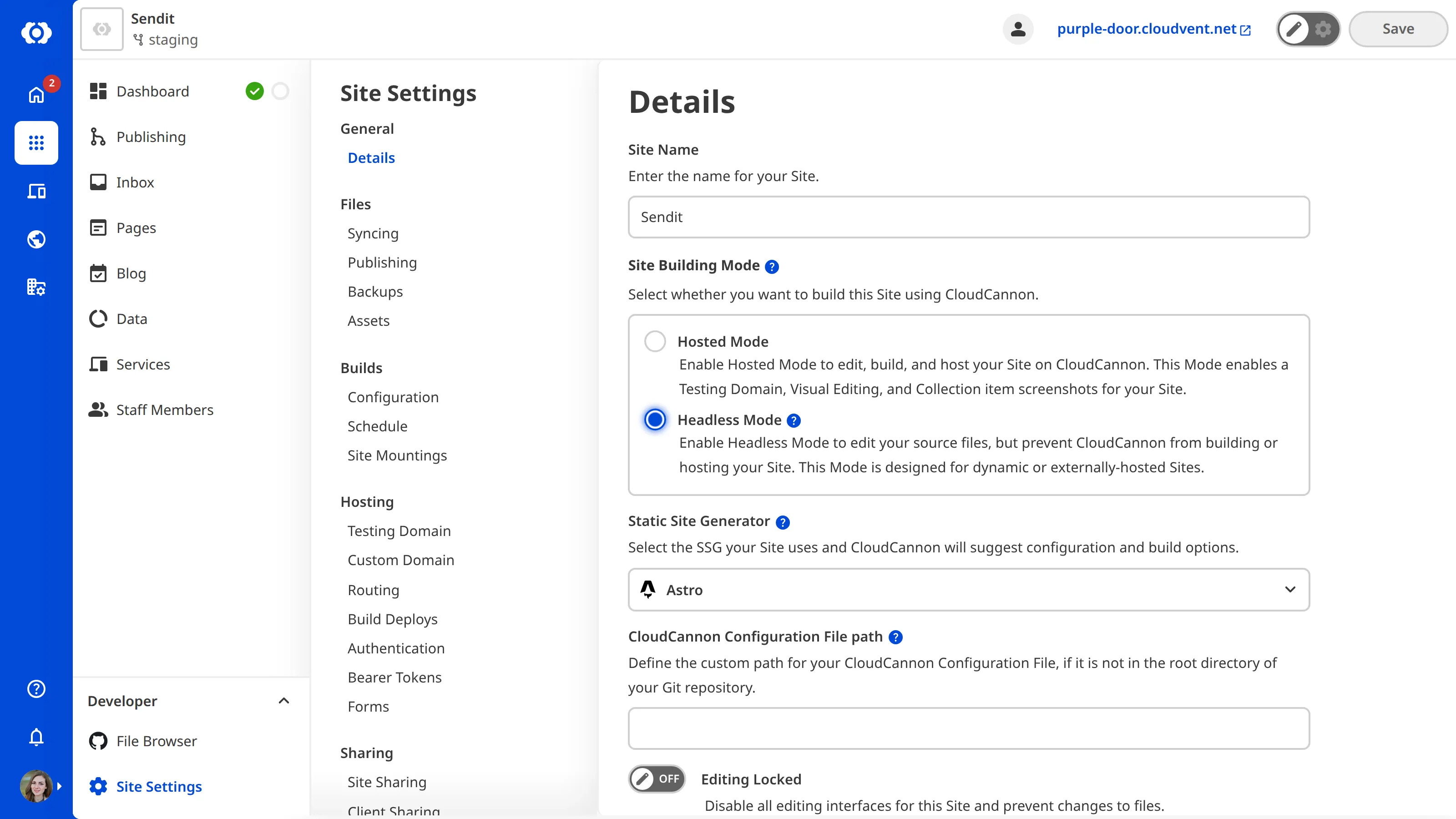The Site Settings Details page with Headless Mode selected under Site Building Mode.