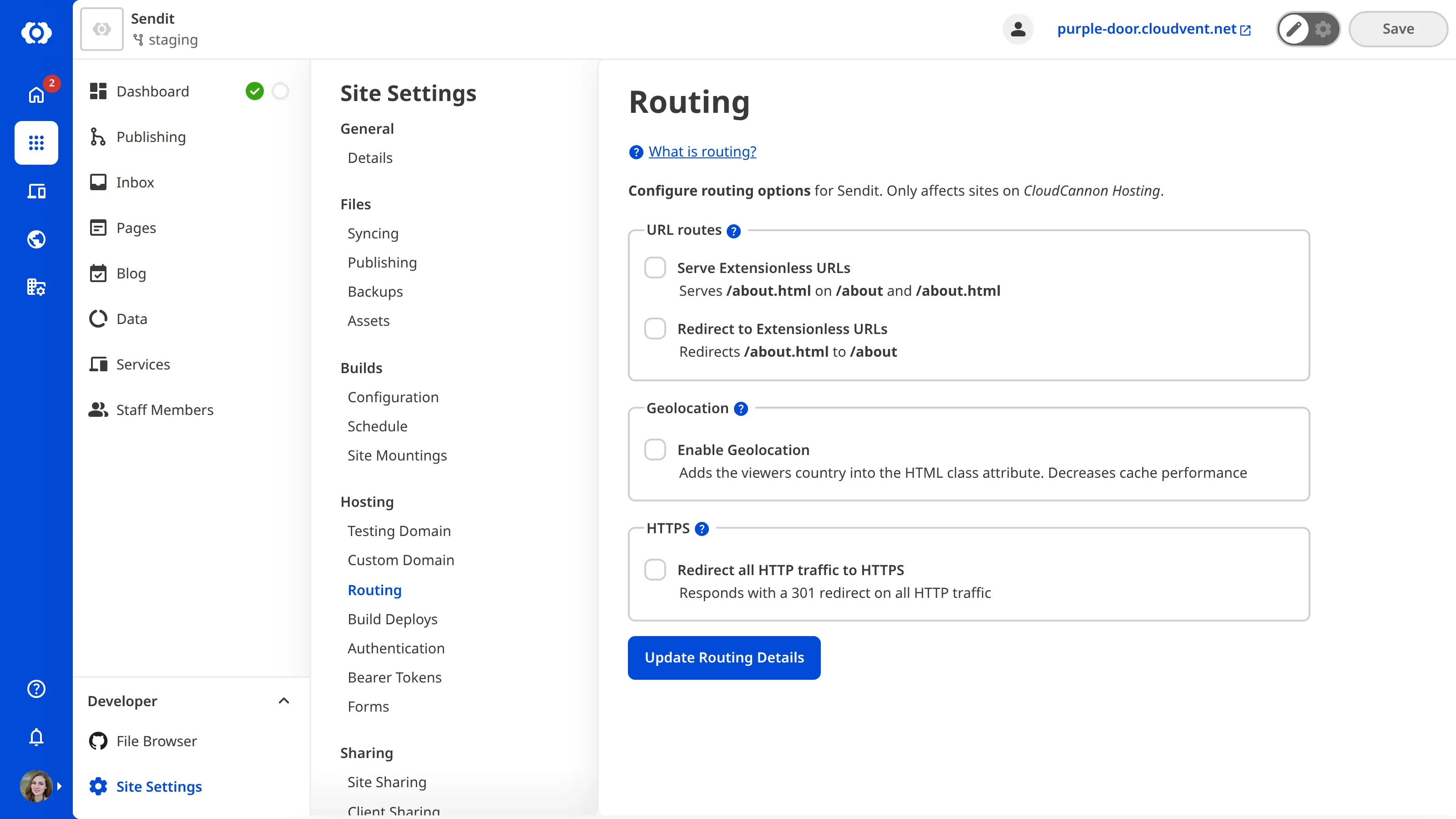 The Routing Page under Site Settings A screenshot of the Routing Page under Site Settings shows the checkboxes for Serve Extensionless URLs and Redirect to Extensionless URLs.