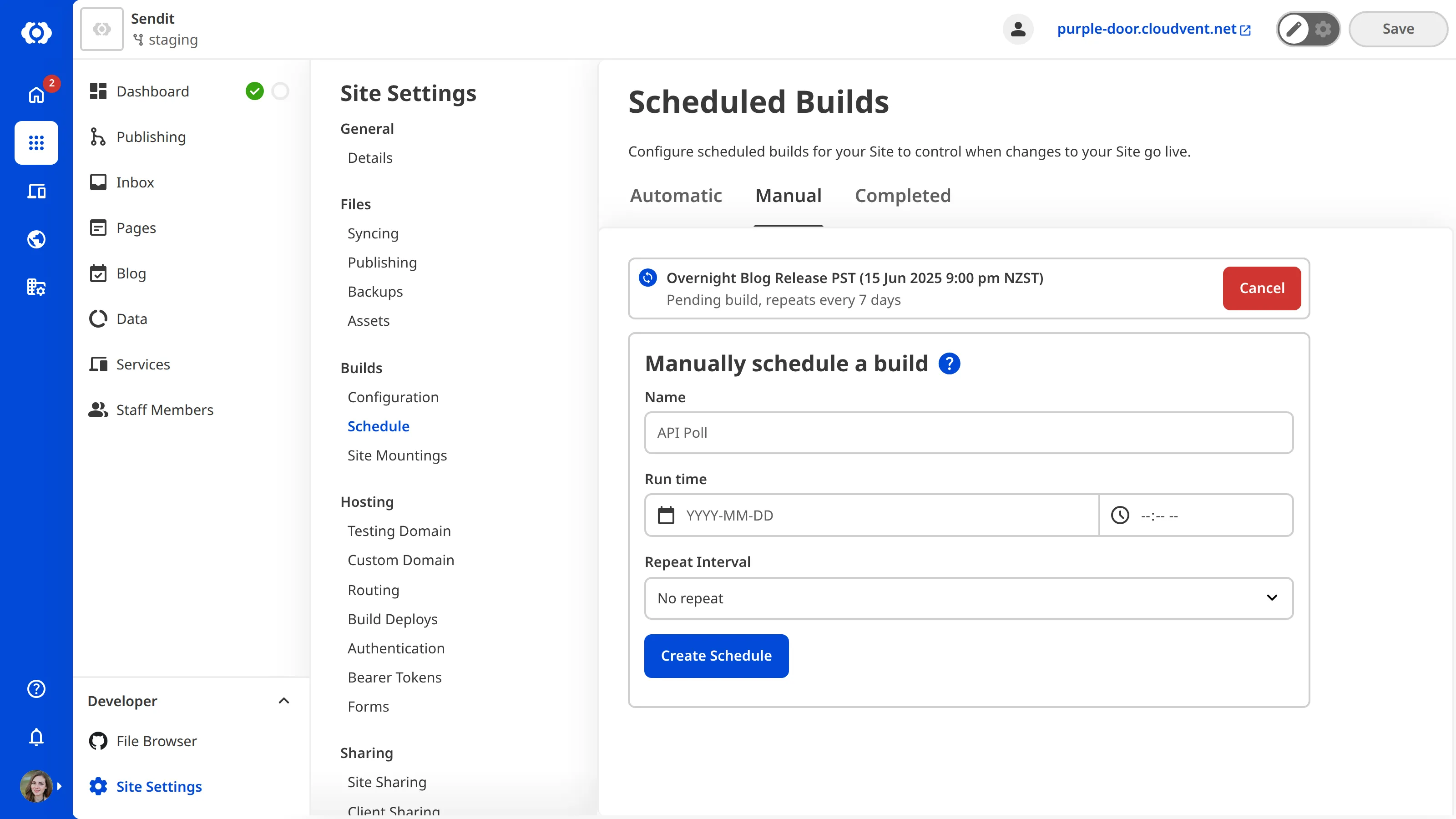 The Schedule page for manual builds Manual Builds Schedule interface