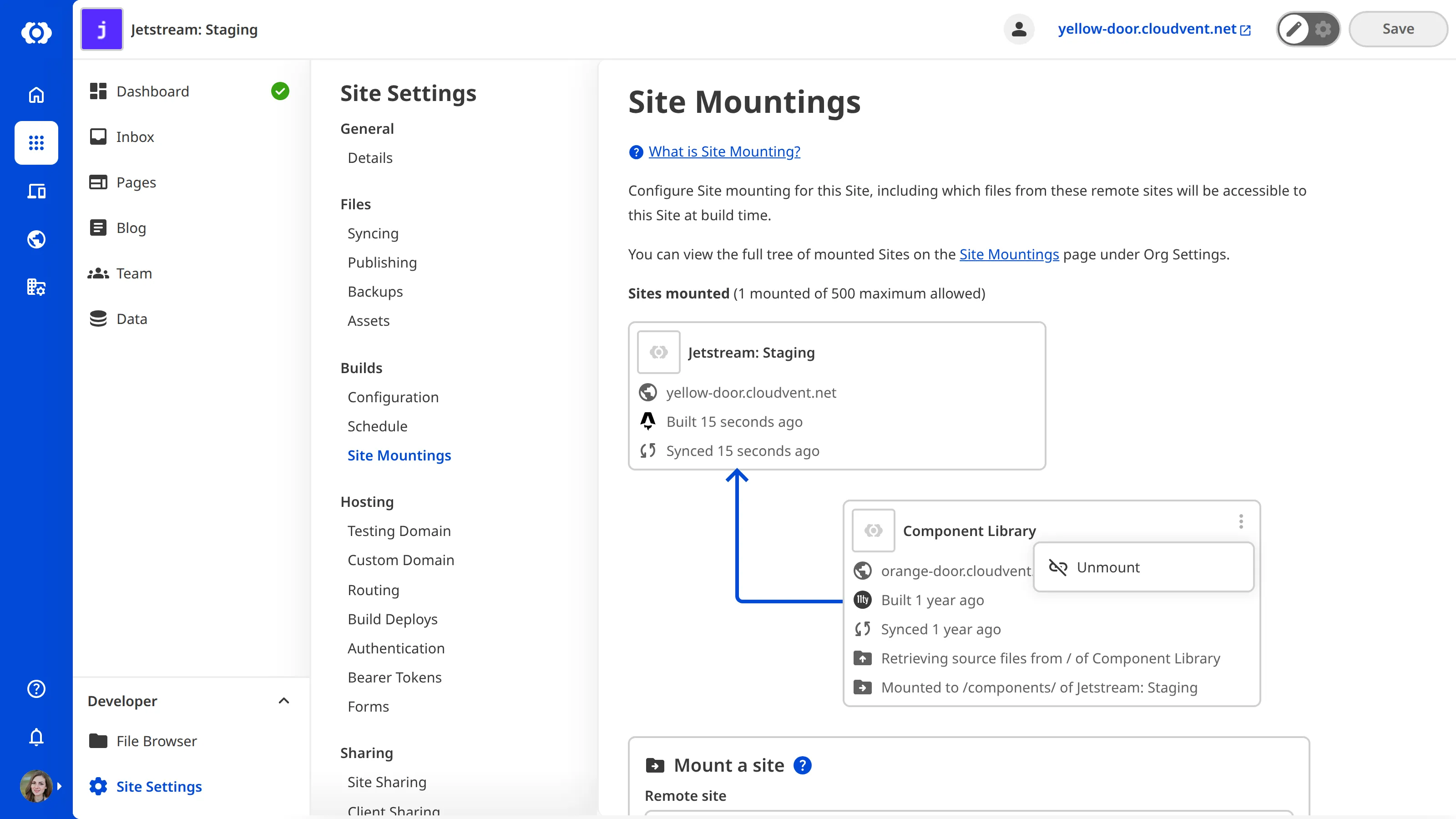 The Site Mountings page A screenshot of the Site Mountings page showing a mounted site with the context menu open, displaying the Unmount option.