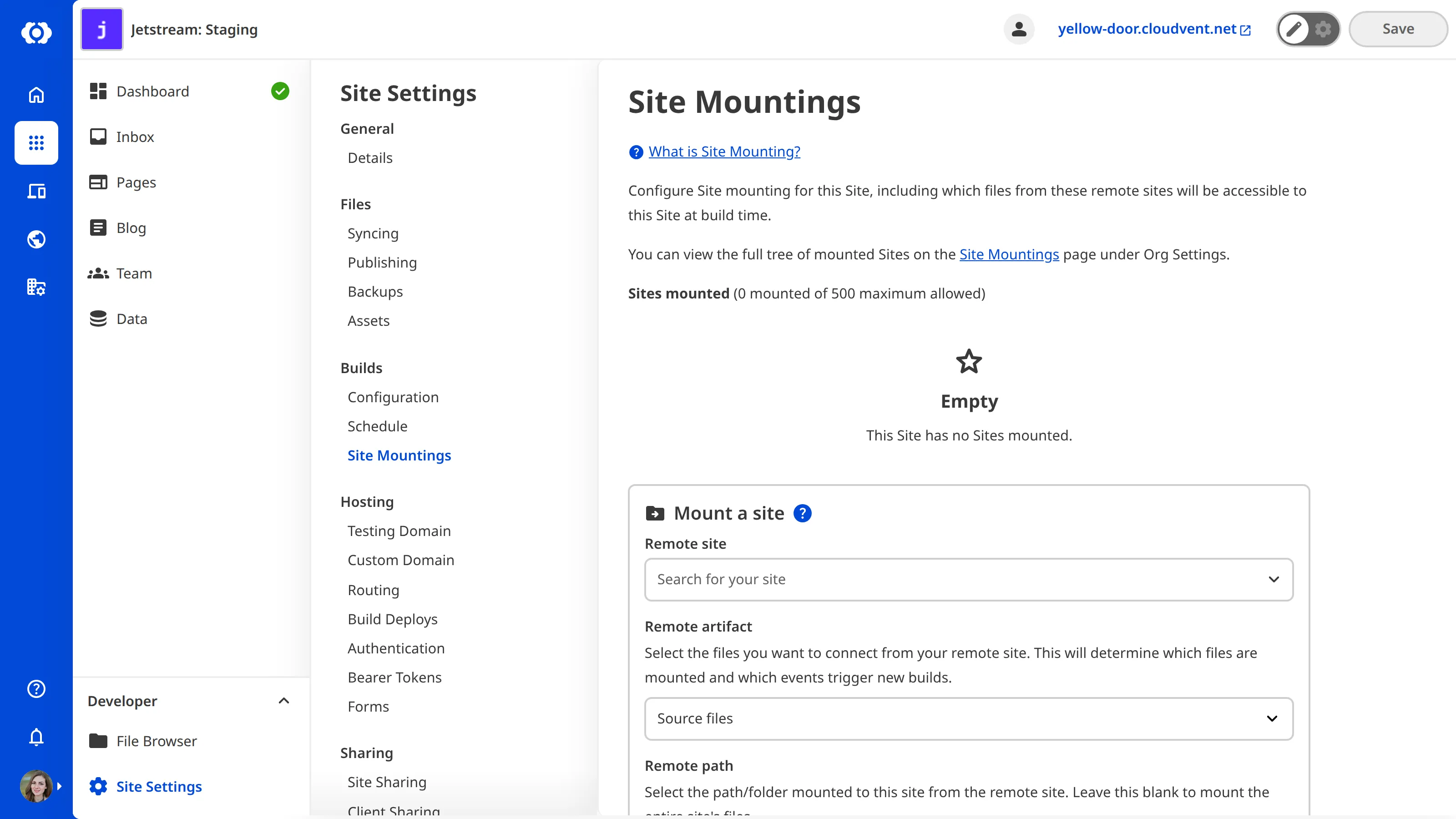 The Site Mountings page shows an empty mounted sites list and a form to mount a new site with fields for Remote site, Remote artifact, Remote path, and Local path.