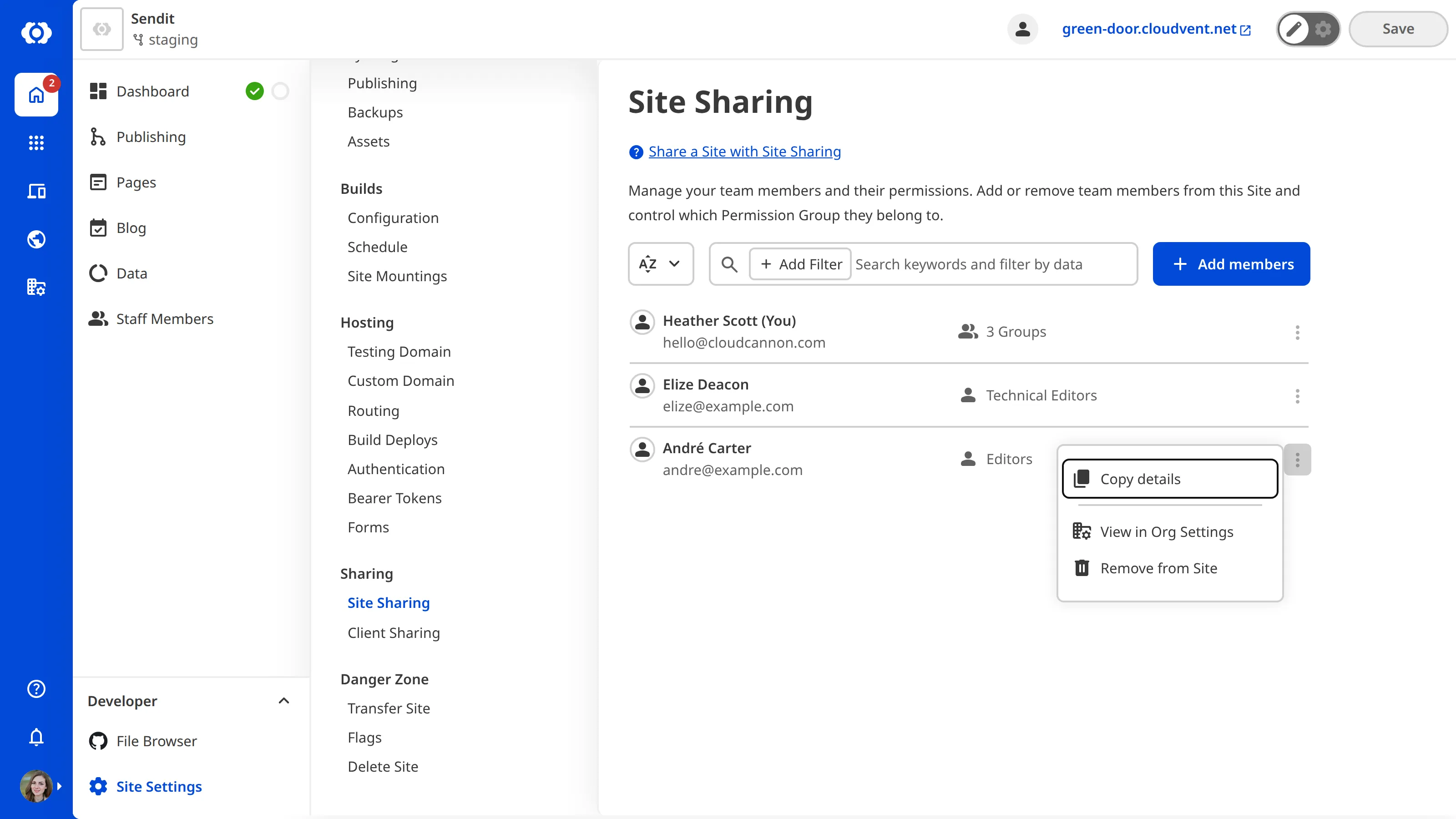 The Site Sharing page A screenshot of the Site Sharing page showing a team member's context menu open, displaying the Remove from Site option.