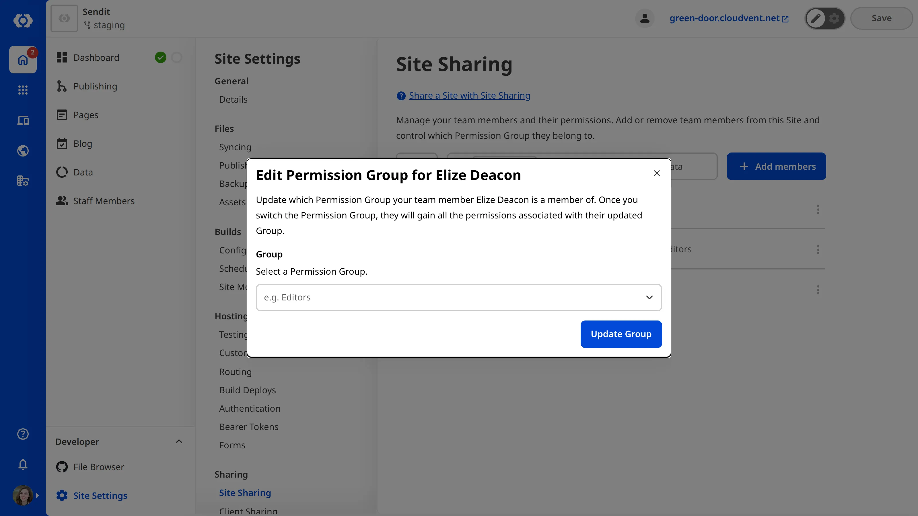 A screenshot of the Edit Permission Group modal shows one field to select which Site Sharing Permission Group a team member belongs to.