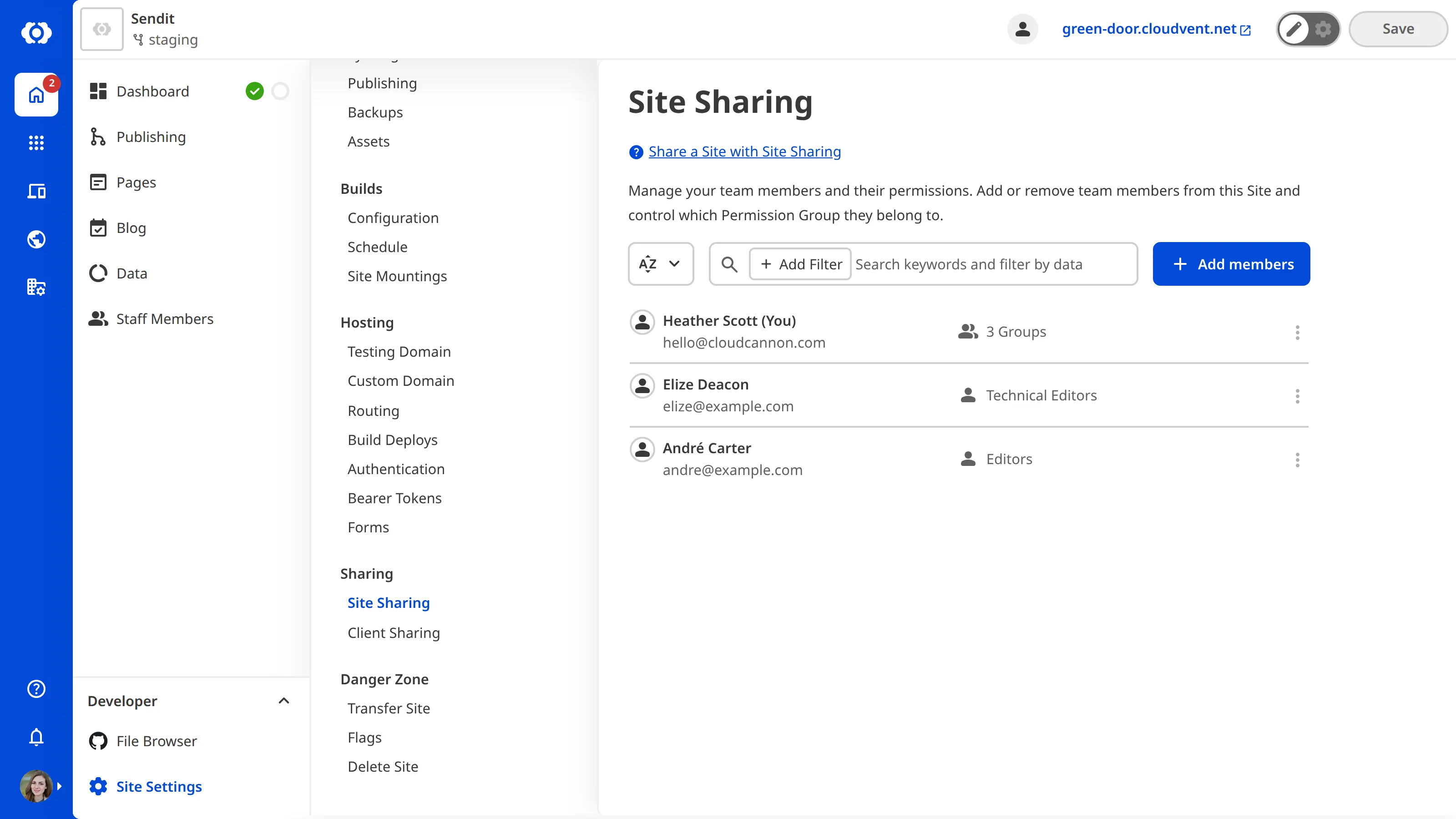 The Site Sharing page A screenshot of the Site Sharing page shows team members who have access to this site.