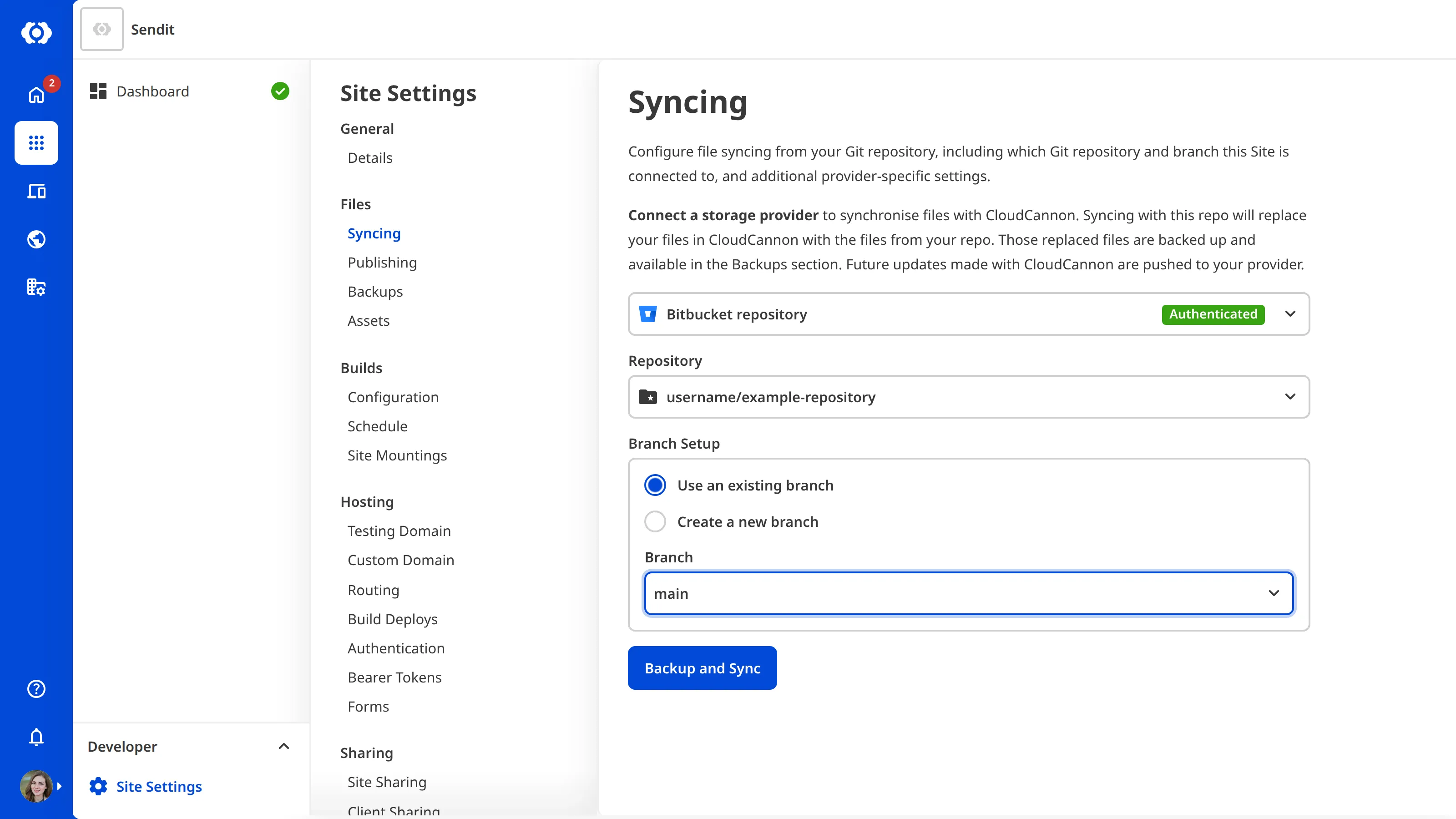 The Syncing page with Bitbucket connected The Site Settings Syncing page with a Bitbucket repository selected from the repository dropdown.