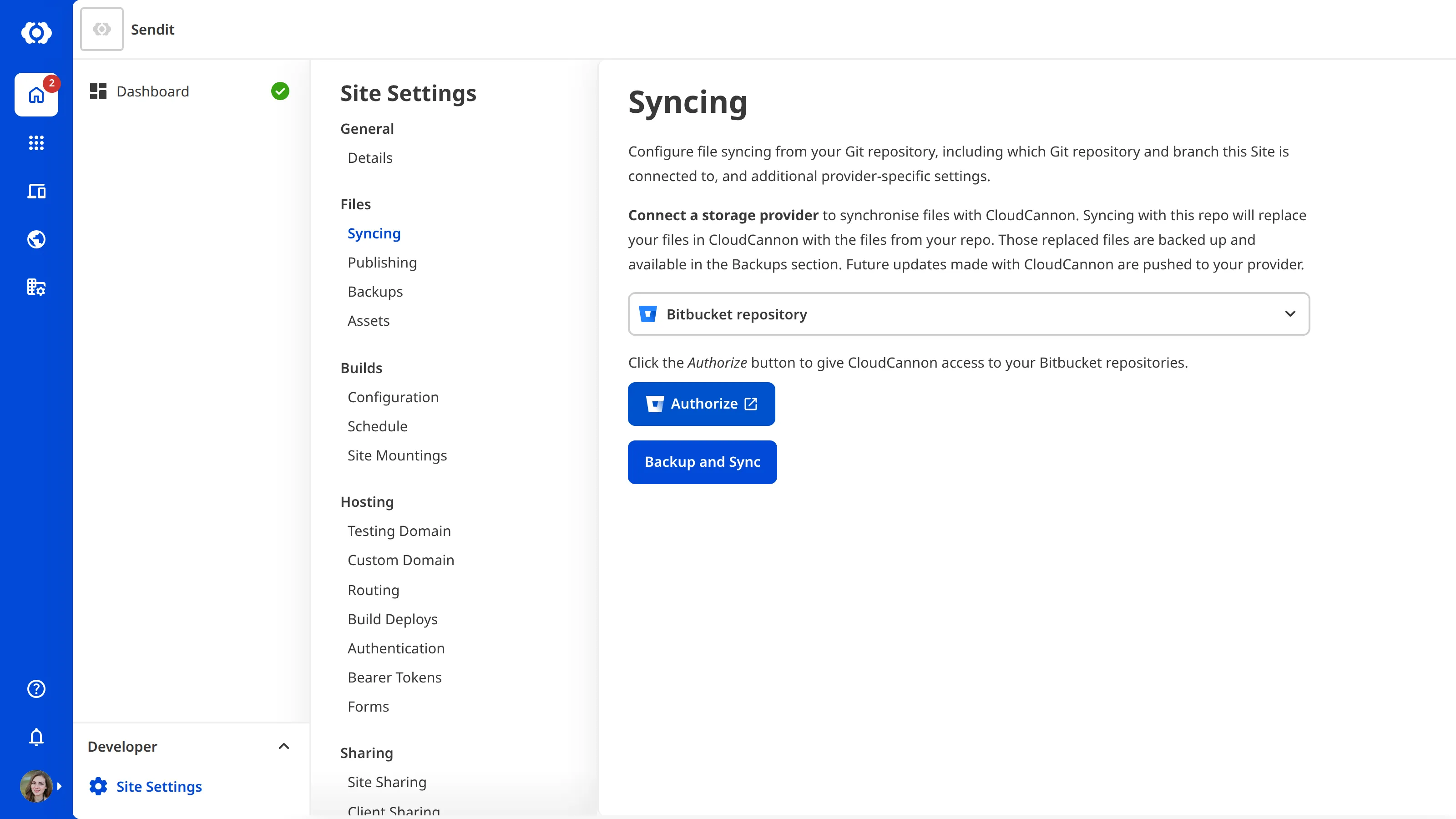 The Syncing page with Bitbucket selected The Site Settings Syncing page with Bitbucket repository selected from the provider dropdown and an Authenticate button.