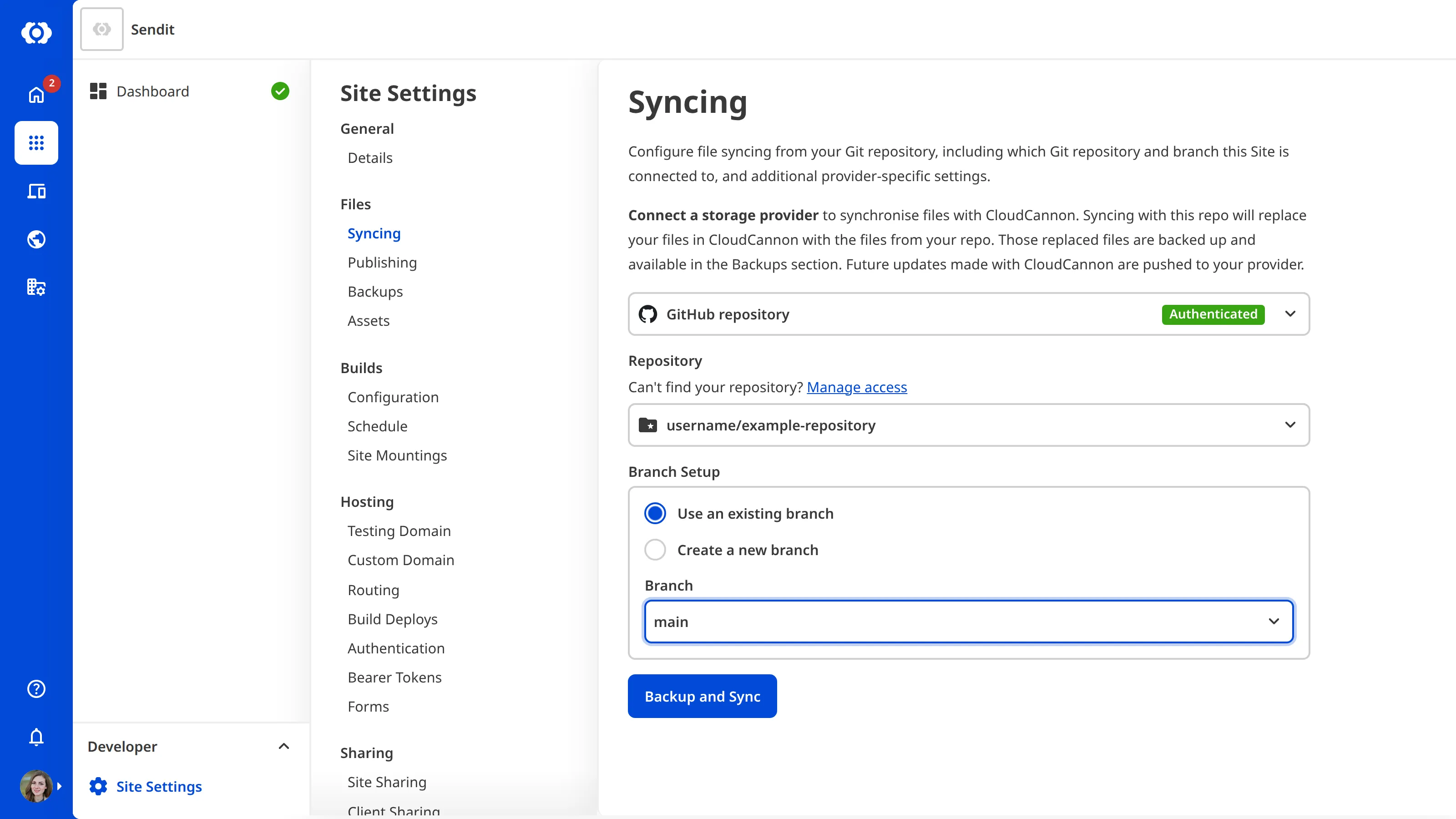 The Site Settings Syncing page with a GitHub repository selected from the repository dropdown, showing the Configure the GitHub App link.