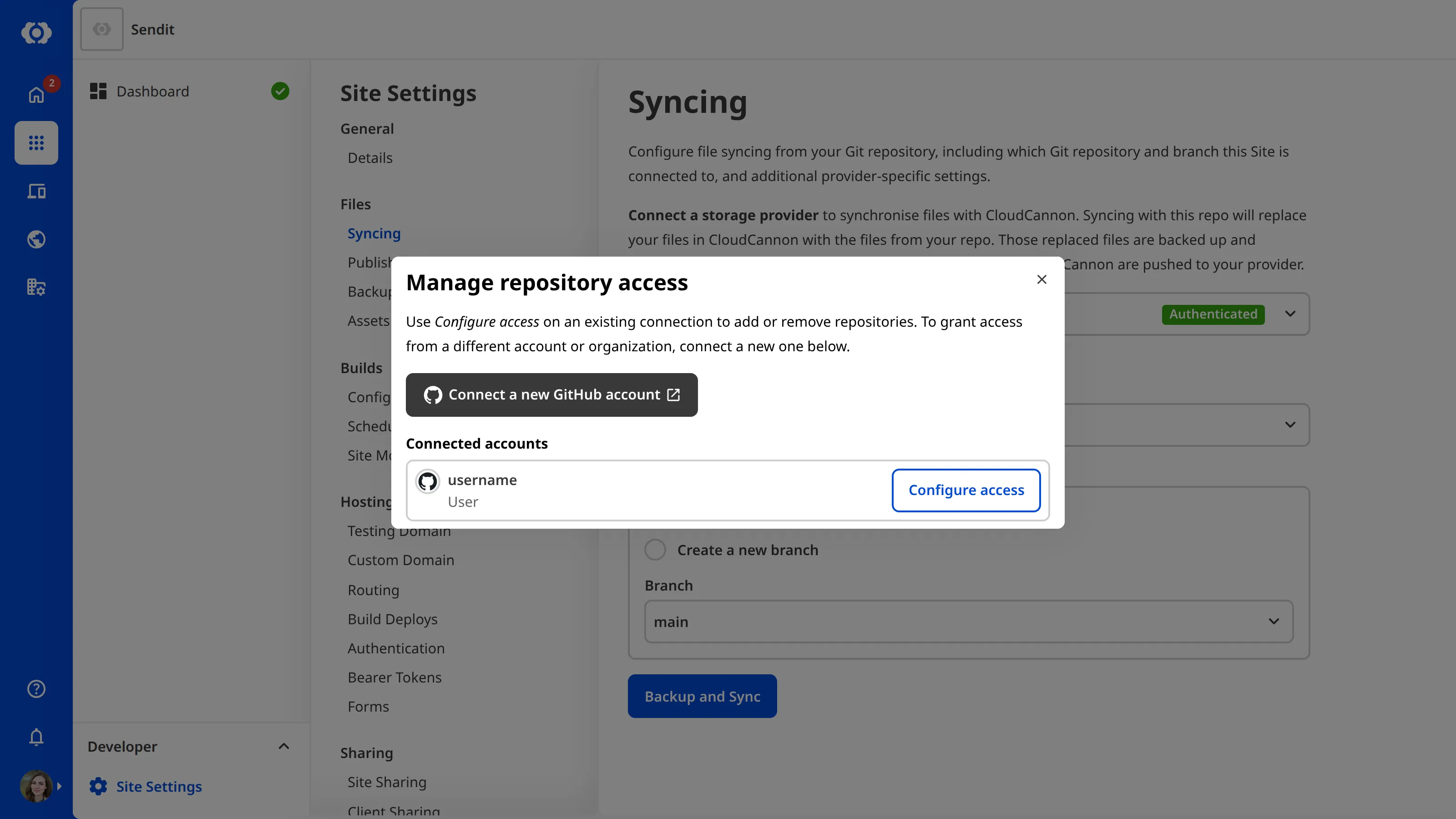 The Installed GitHub App modal showing existing installations with a Configure access button.
