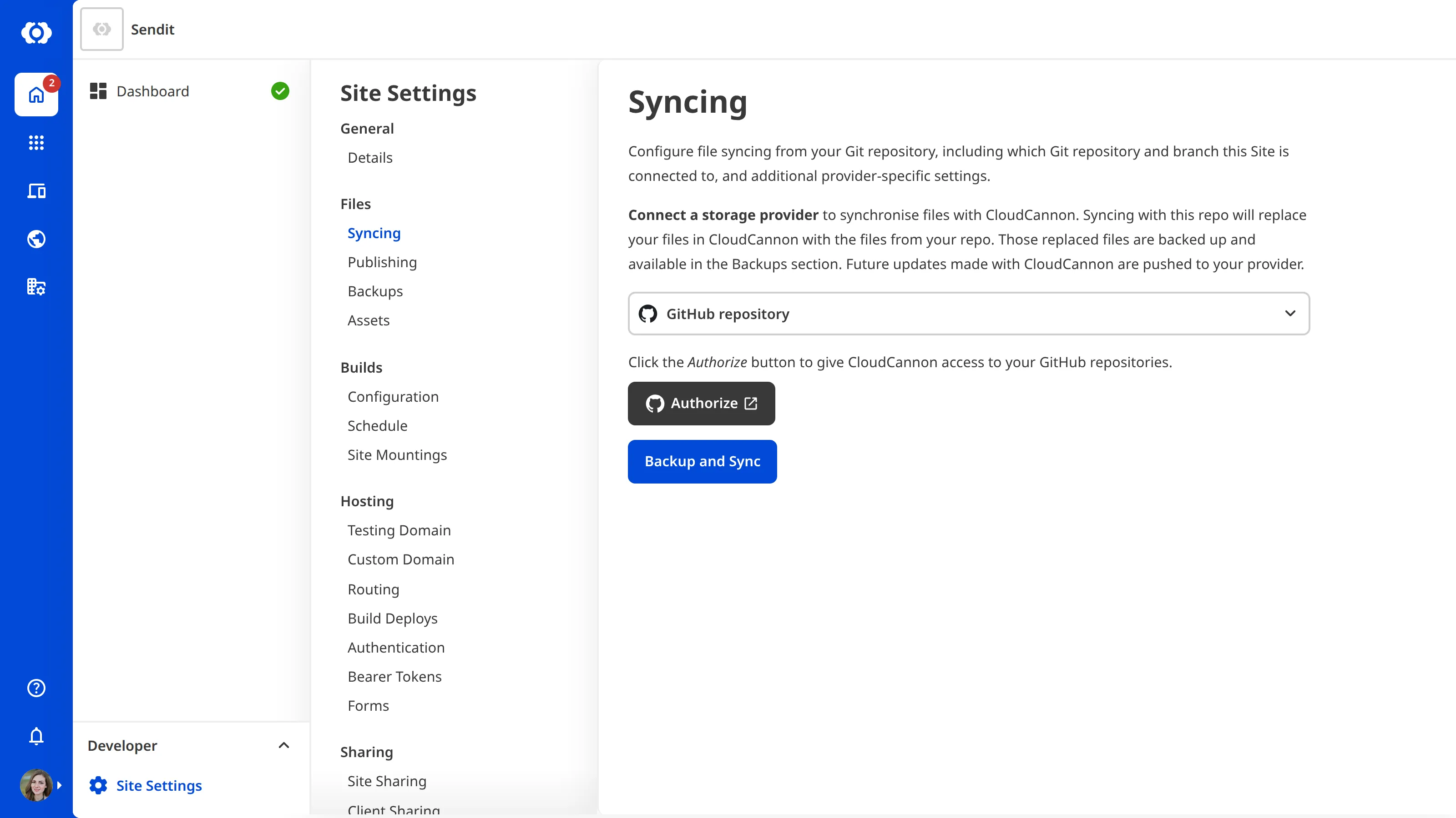 The Site Settings Syncing page with GitHub repository selected from the provider dropdown and an Authenticate button.