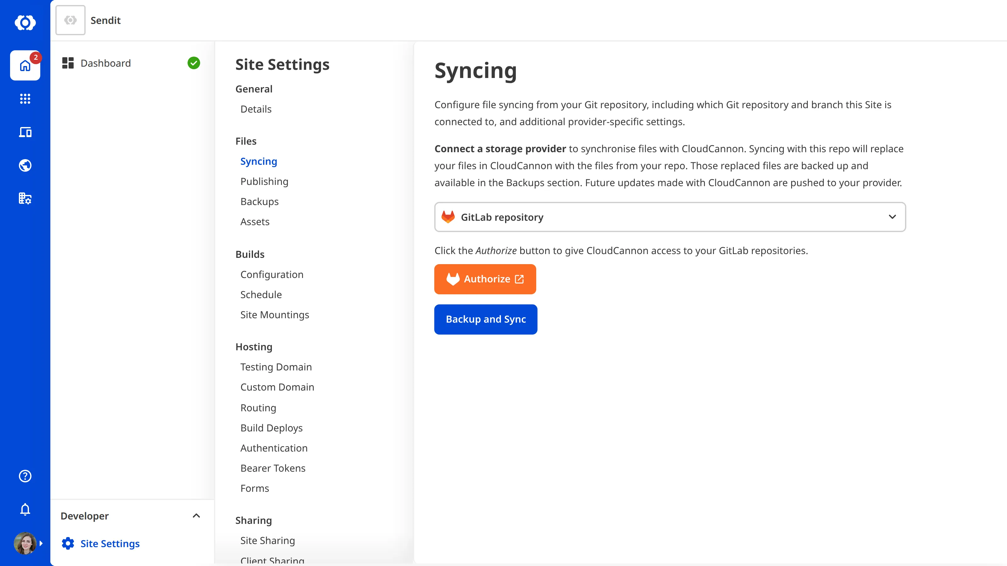 The Site Settings Syncing page with GitLab repository selected from the provider dropdown and an Authenticate button.