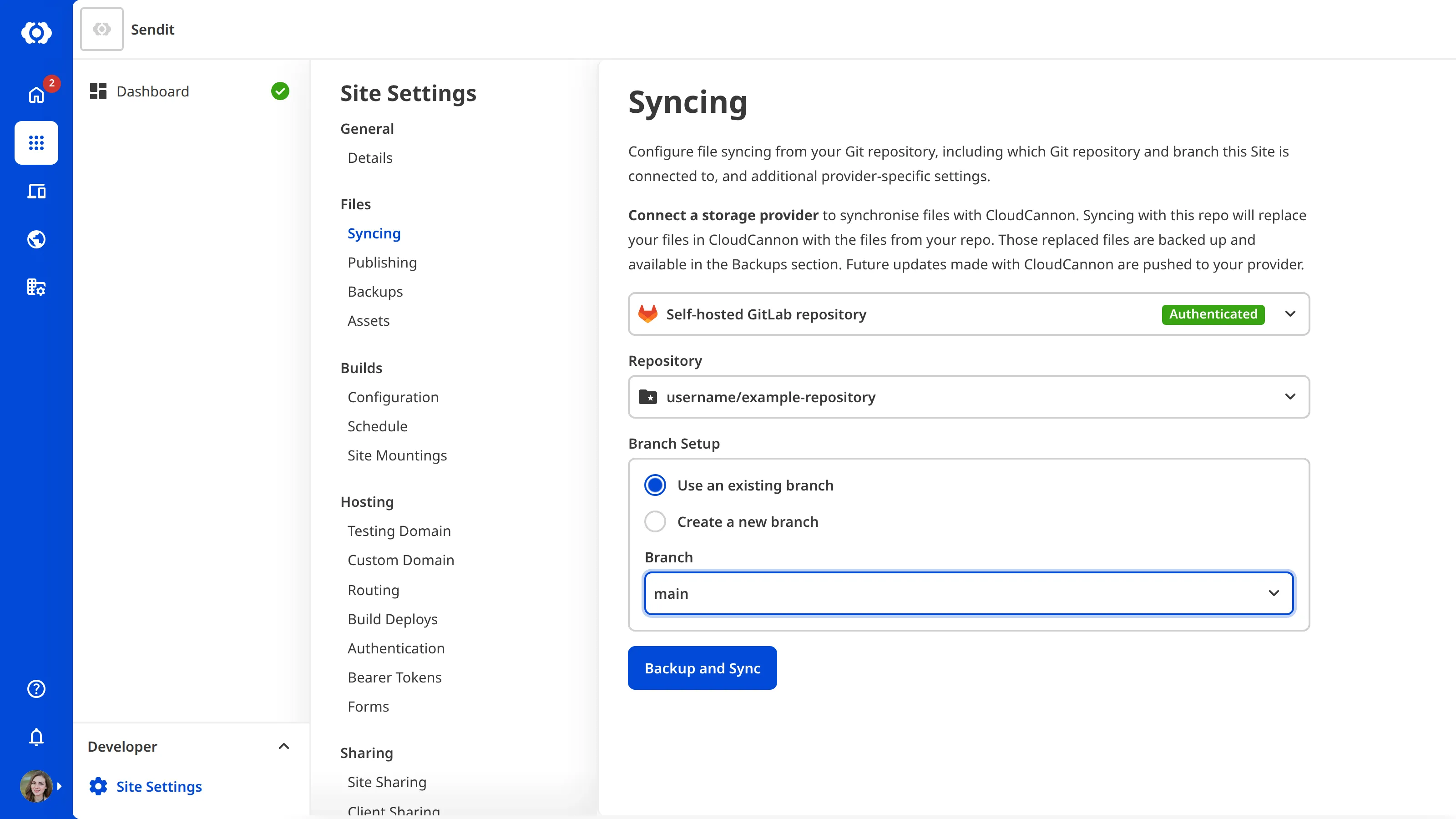 The Site Settings Syncing page showing a Self-hosted GitLab repository and branch selected.