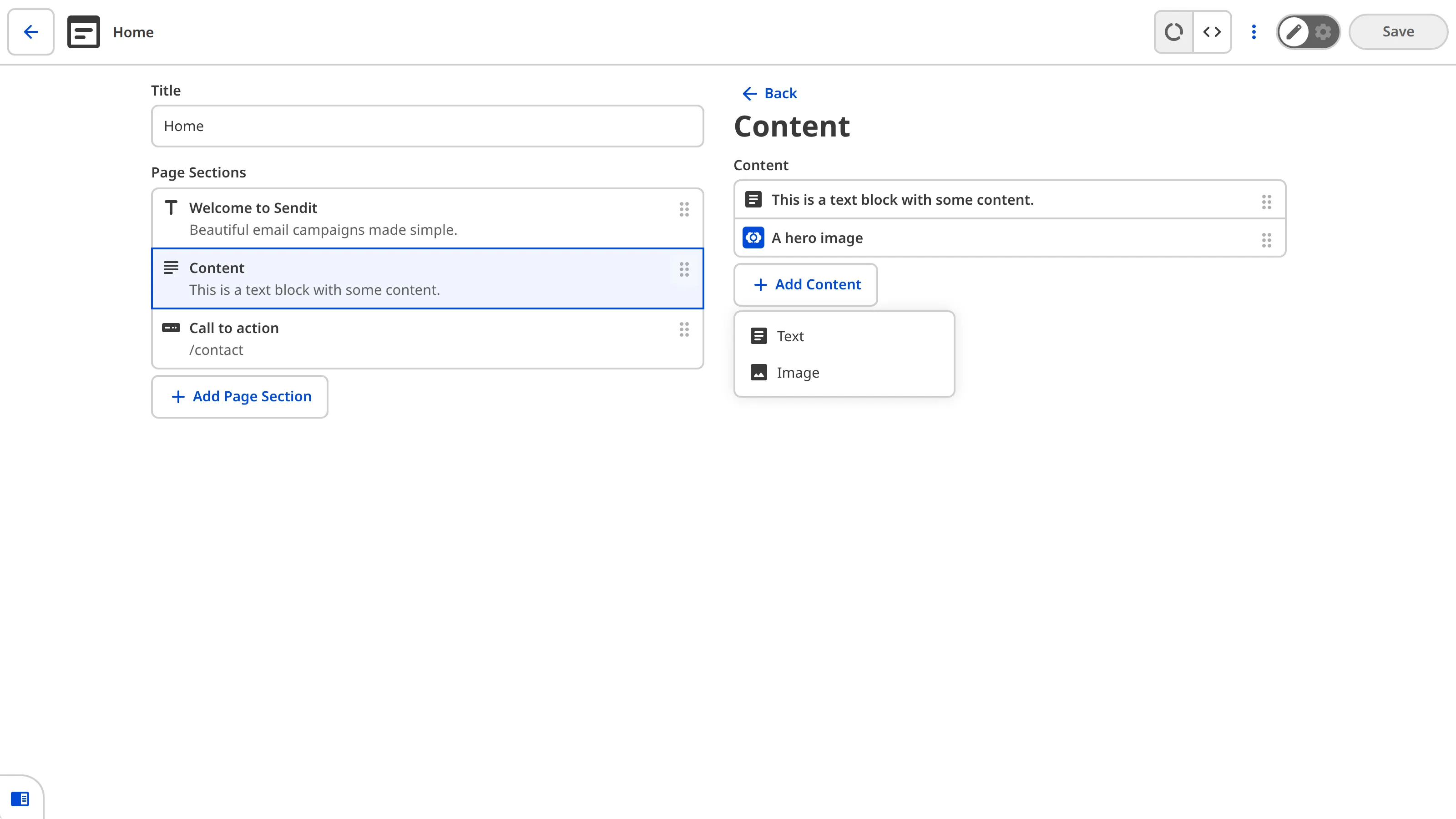 The sidebar of the Content Editor shows nested structure options within the Content item, with Text and Image sub-elements.