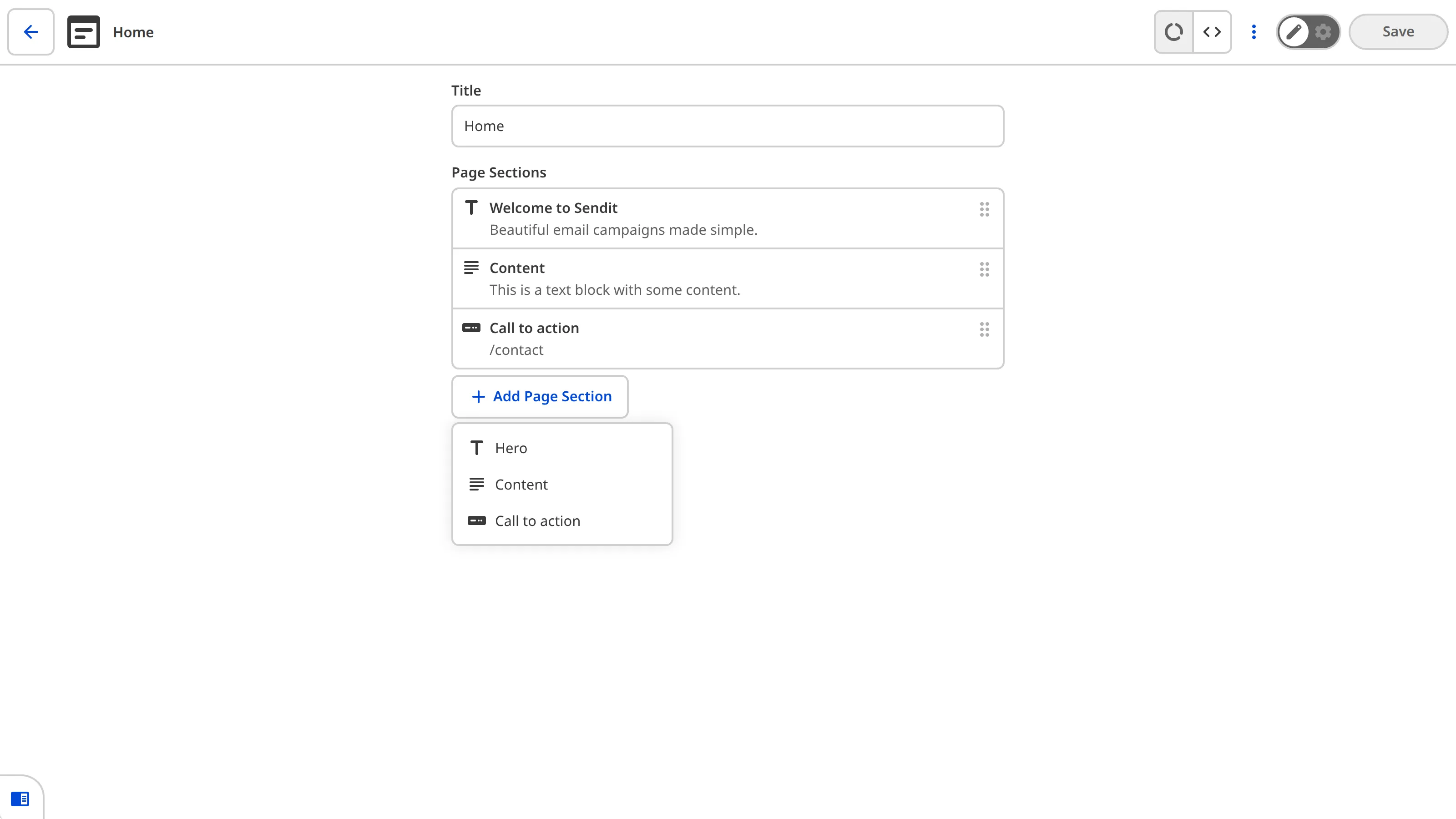 The sidebar of the Content Editor shows a Page Sections array with Hero, Content, and Call to action items, and a dropdown to add more.