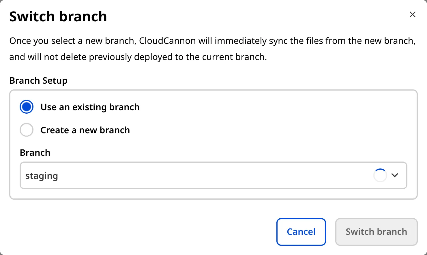 A screenshot of the Switch branch modal shows options to use an existing branch or create a new branch, with a branch dropdown and action buttons.