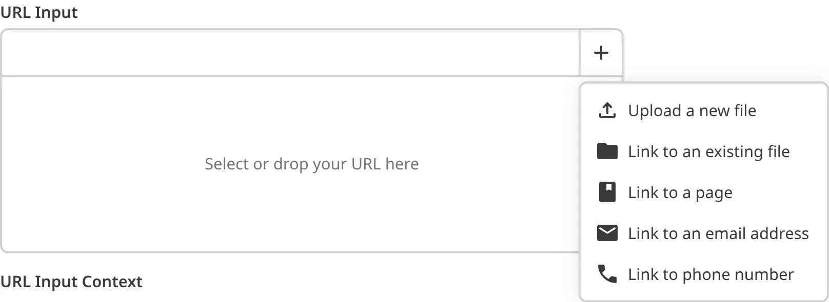 A screenshot of the Add URL dropdown on a URL Input shows the several options.