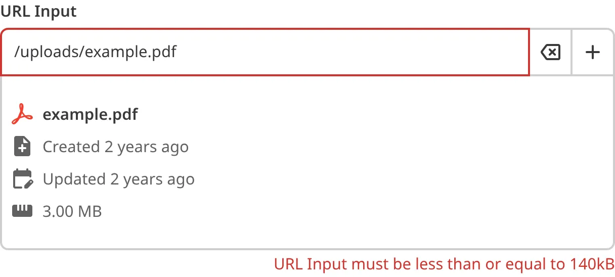 A screenshot of the URL input in the Data Editor shows that the uploaded file does not meet file size requirements.