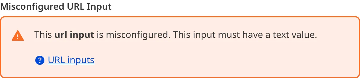A screenshot of a misconfigured URL input in the Data Editor shows an orange warning box.