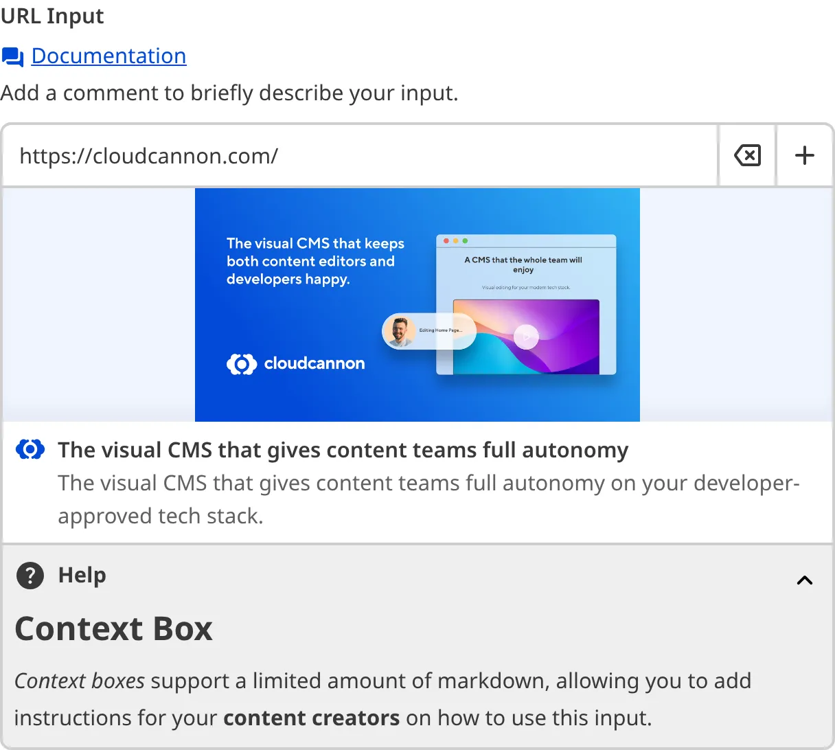 A screenshot of the URL Input in the Data Editor with a Context Box underneath the text area.
