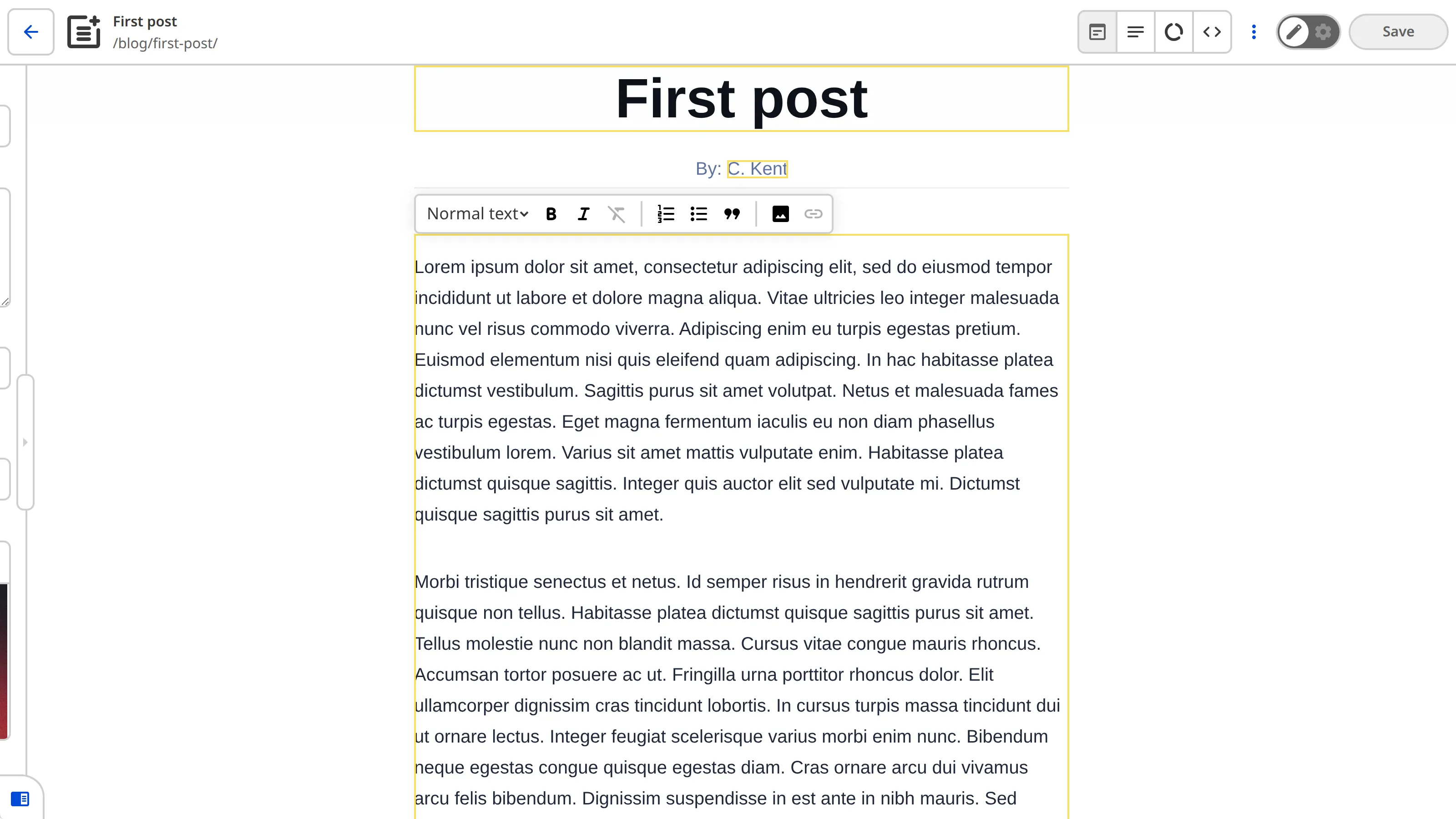 A Text Editable Region in the Visual Editor A screenshot of the Visual Editor shows a yellow Editable Regions box around the blog content and a WYSIWYG toolbar.