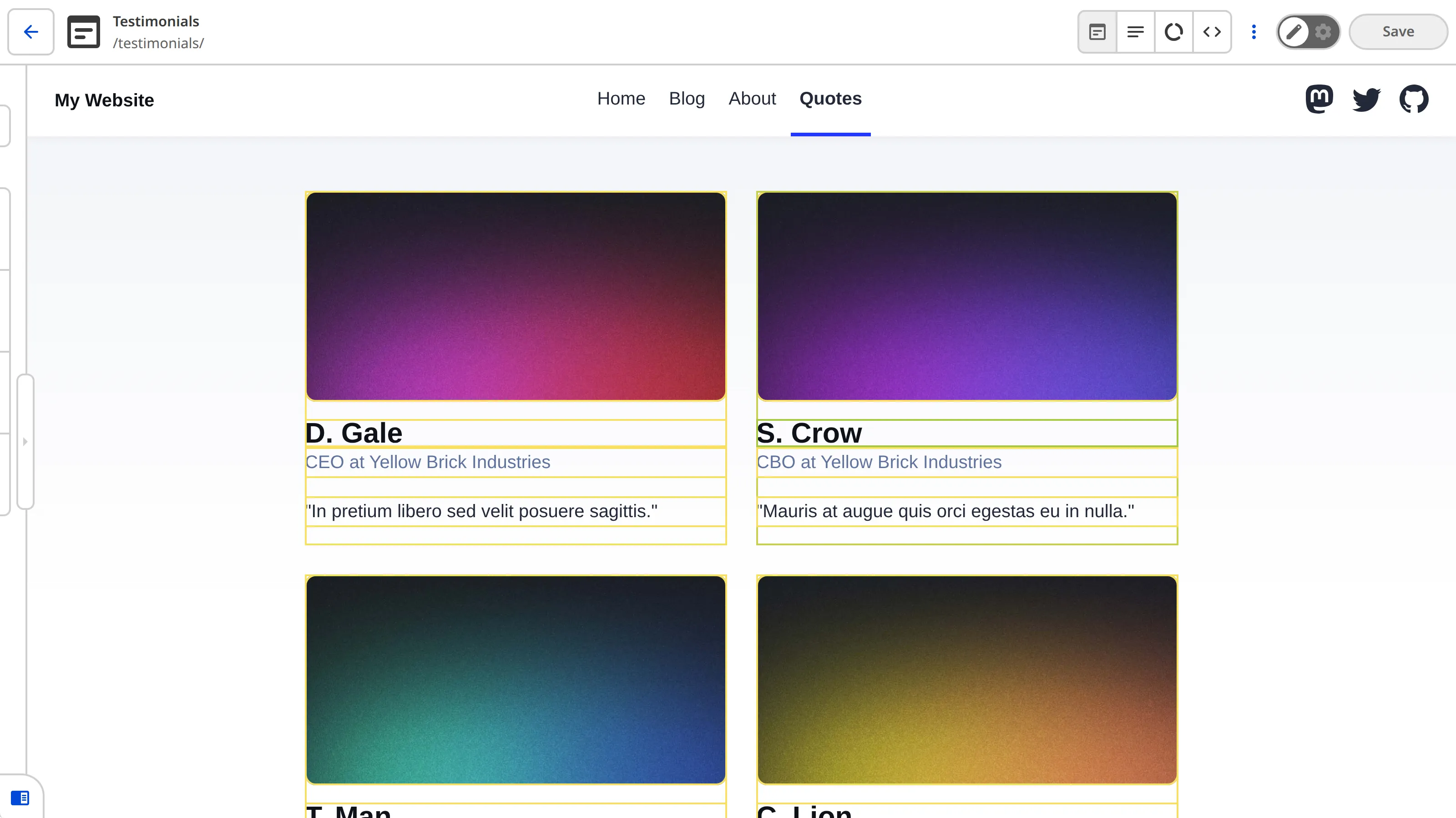 A screenshot of the Visual Editor shows yellow Editable Region boxes around the array items, text, and images on the Quotes webpage.