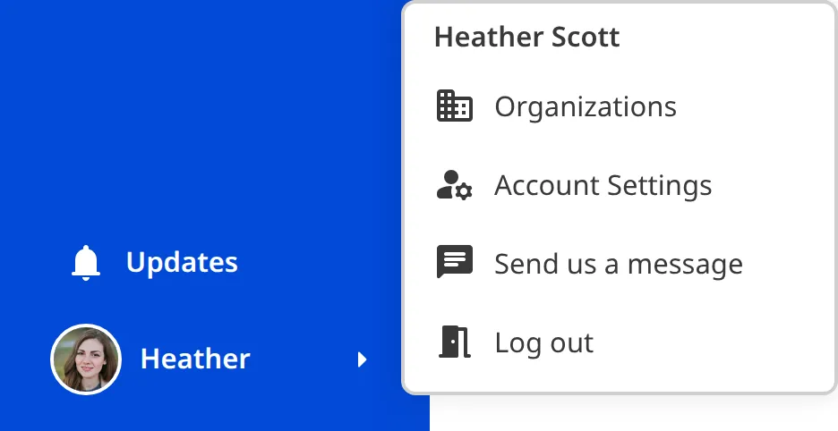 A screenshot of the footer of the App Sidebar shows links for the Updates modal and the Account Menu.