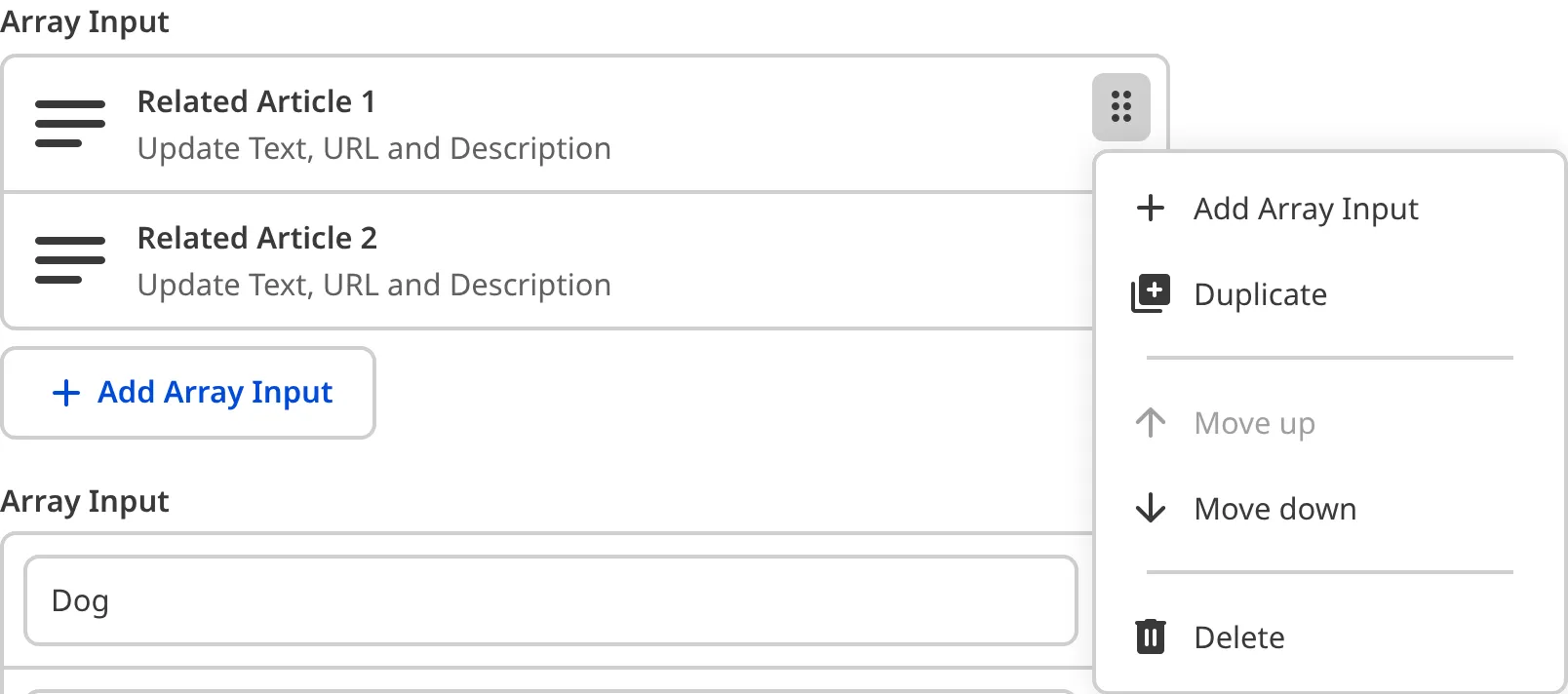 A screenshot of the Context Menu on an Array Input shows several entry options.