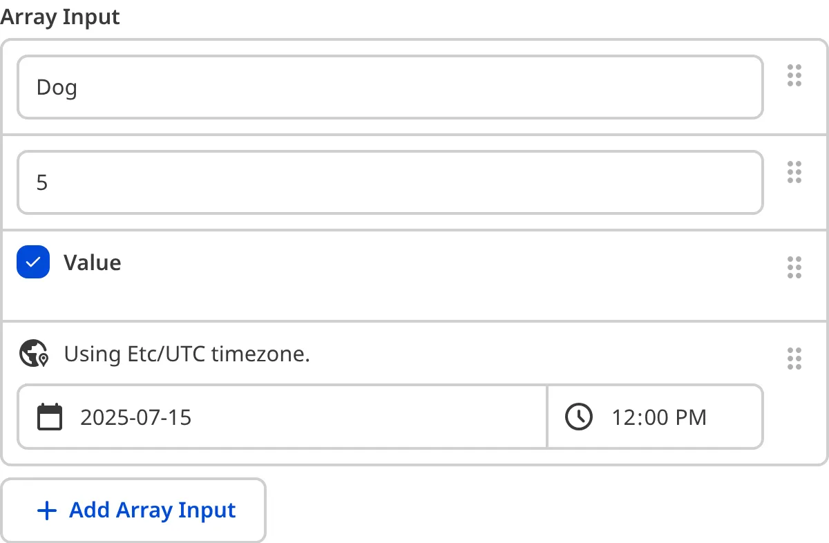 A screenshot of the Array Input in the Data Editor shows a several inline cards in a list.