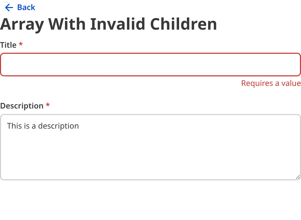 A screenshot of the invalid nested inputs within an Array input in the Data Editor.