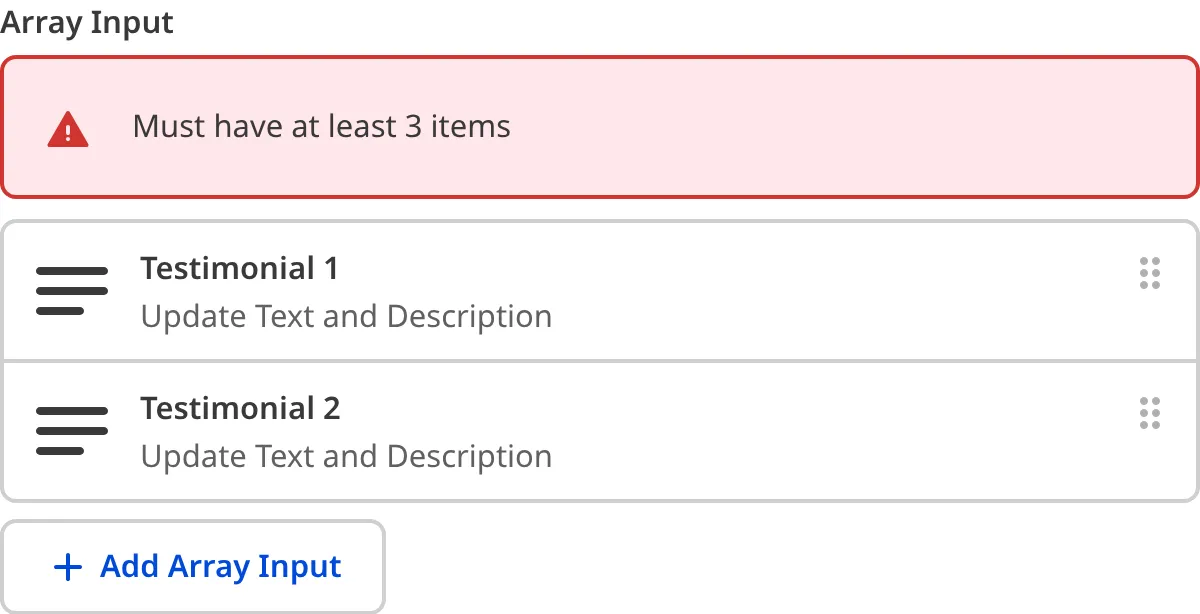 A screenshot of the Array Input in the Data Editor shows an error message as the value contains too few items.