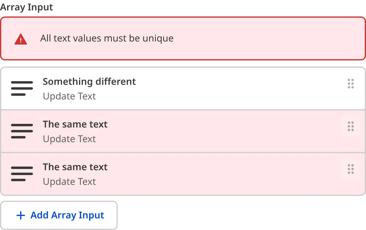 A screenshot of the Array Input in the Data Editor shows an error message as there are non-unique values.