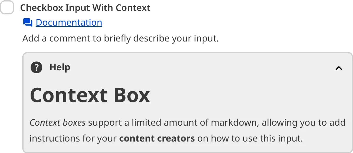 A screenshot of the Checkbox Boolean input in the Data Editor shows the label, comment, and context general configuration options.
