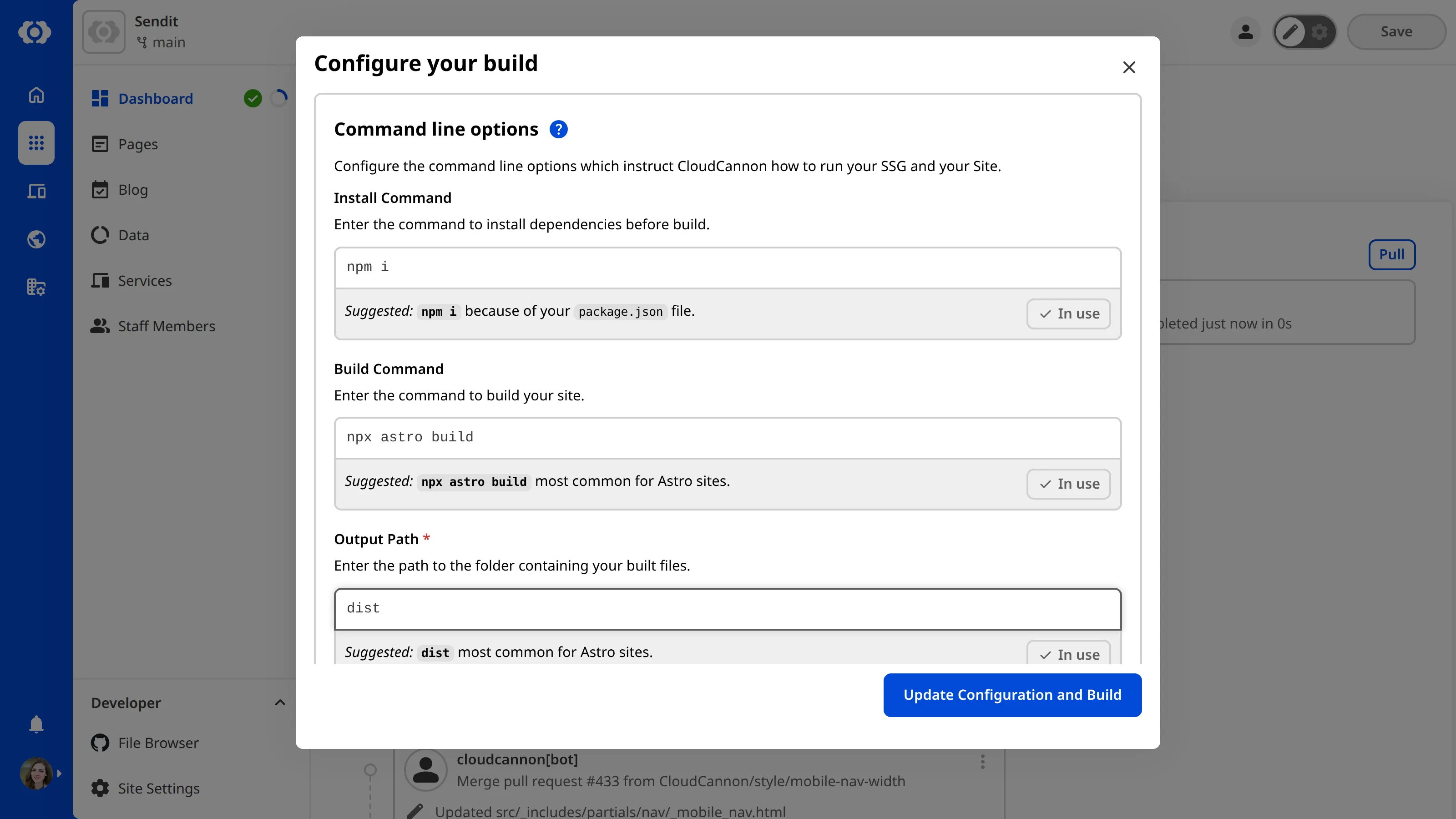 A screenshot of the Configure your build modal shows the command line options.