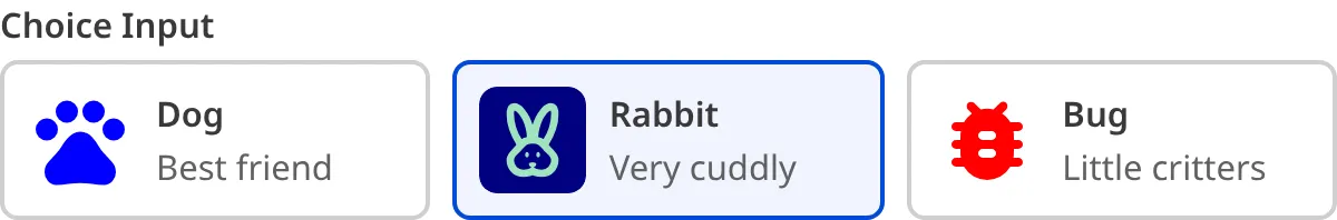 A screenshot of the Choice Input in the Data Editor shows an icon, icon color, and subtext.