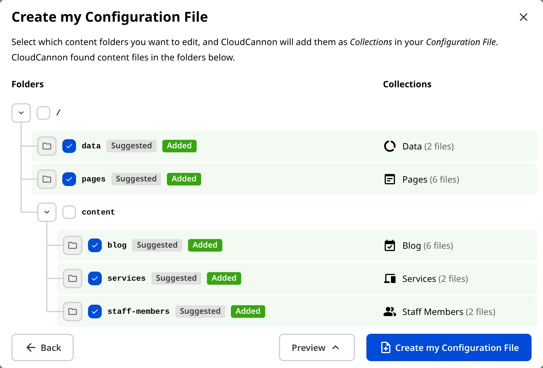 A screenshot of the Create my Configuration File modal shows a tree structure of potential Collections detected in your files.