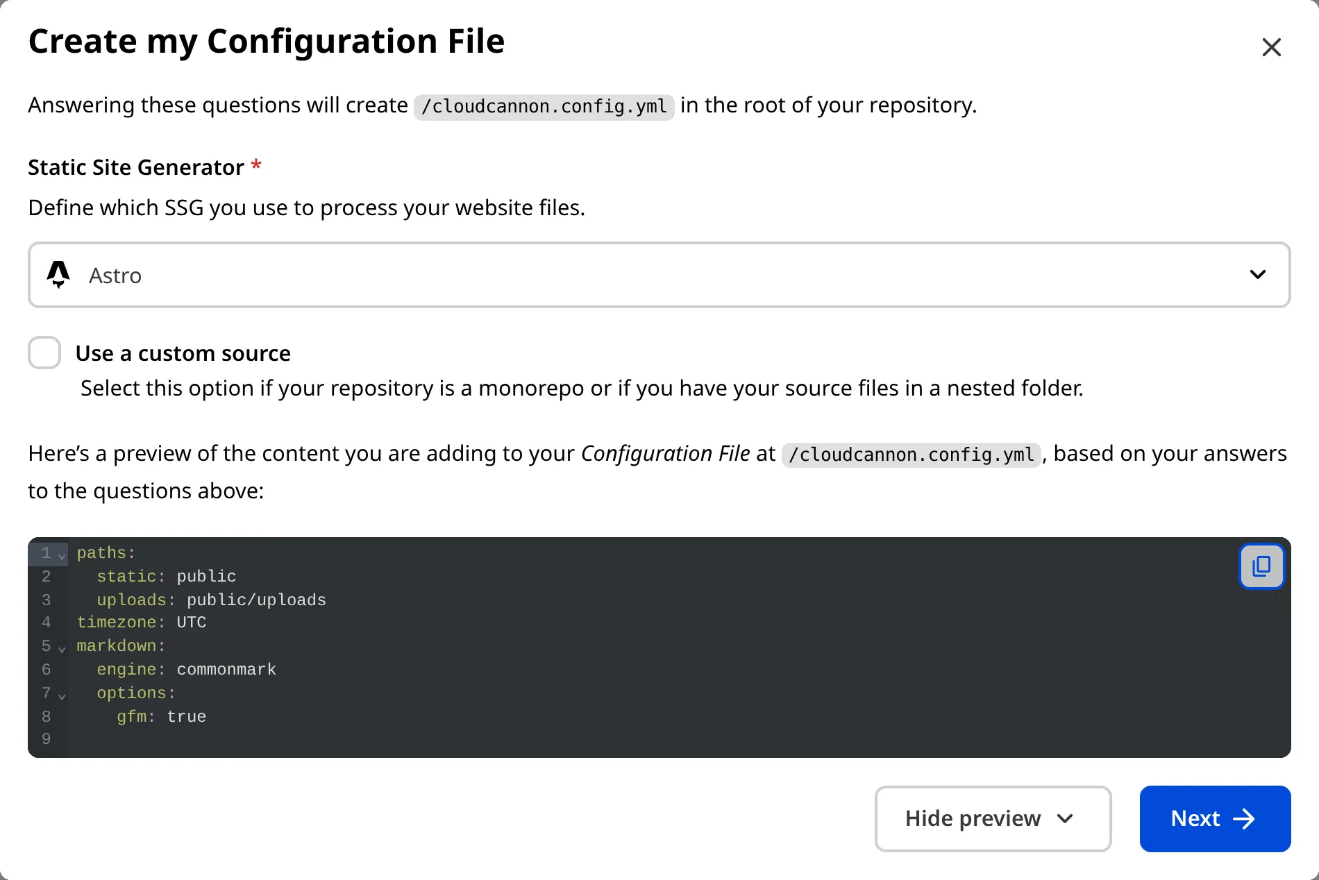 A screenshot of the Create my Configuration File modal shows the initial content CloudCannon will add to your Configuration File.