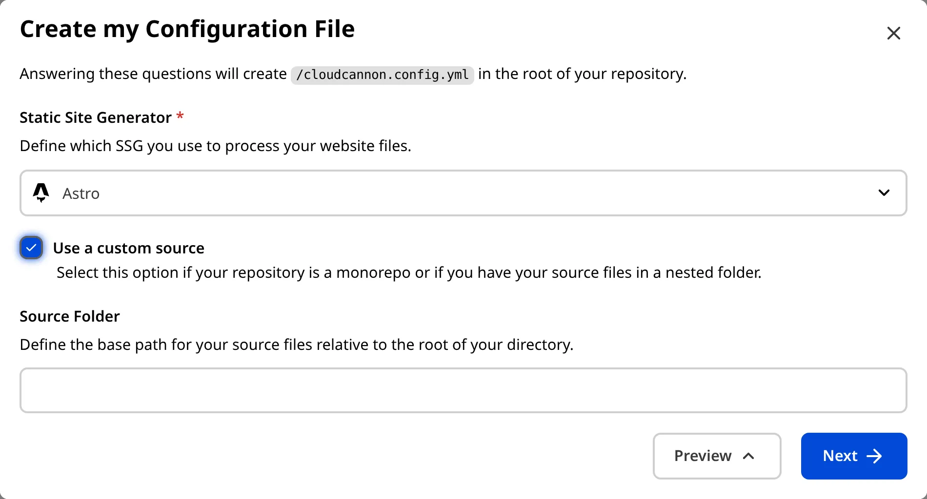 A screenshot of the Create my Configuration File modal shows a checkbox for Use a custom source and a text field for Source Folder.