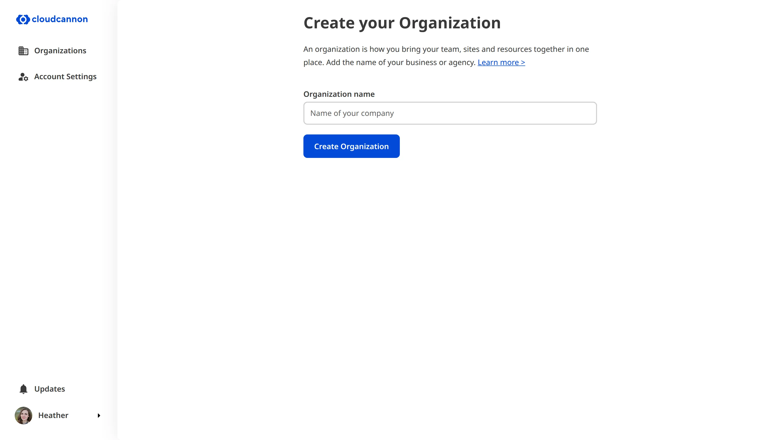 A screenshot of the Create your Organization page shows the Organization name text field.