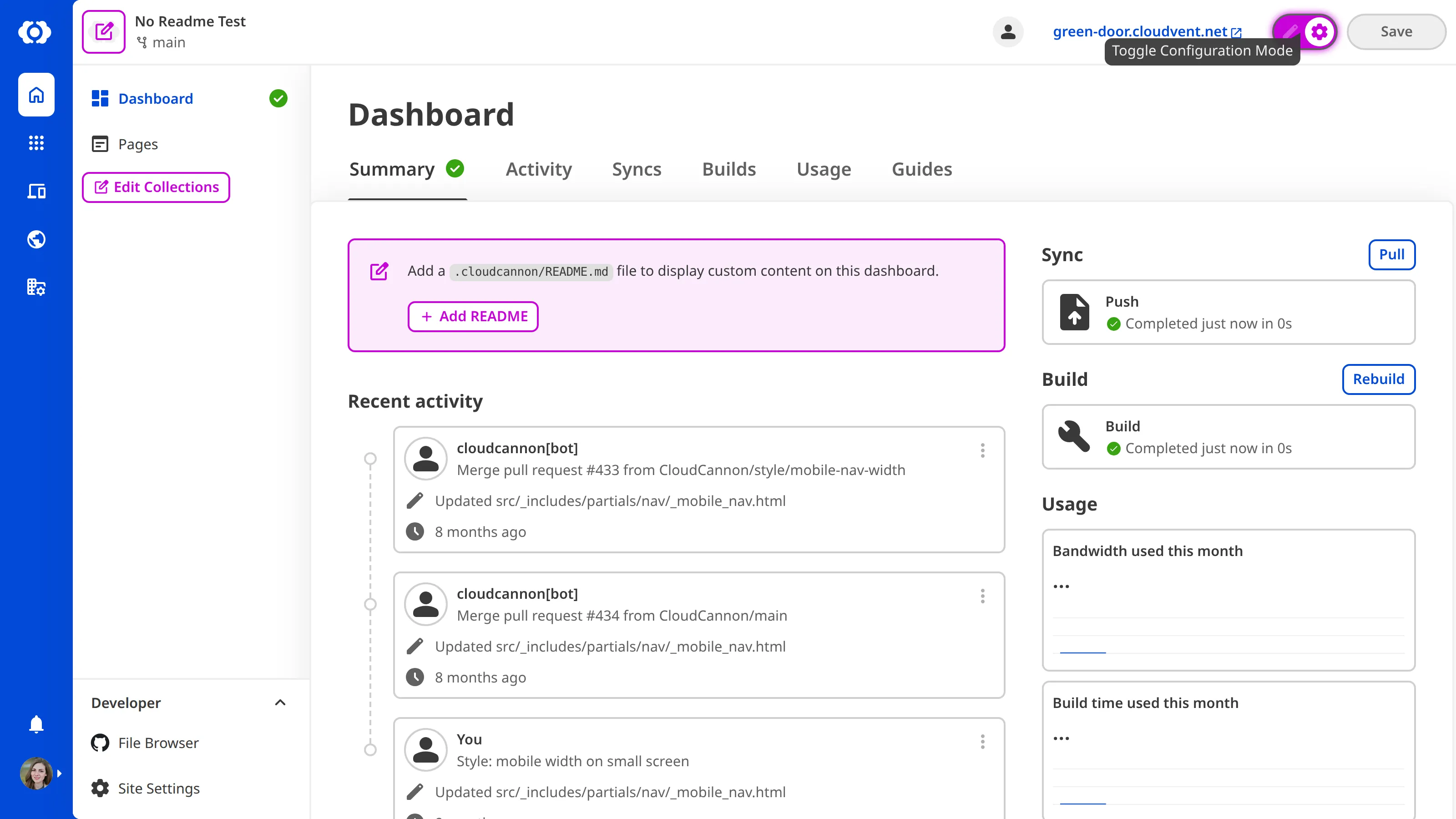 A screenshot of the Site Dashboard with Configuration Mode on shows a purple + Add README button.