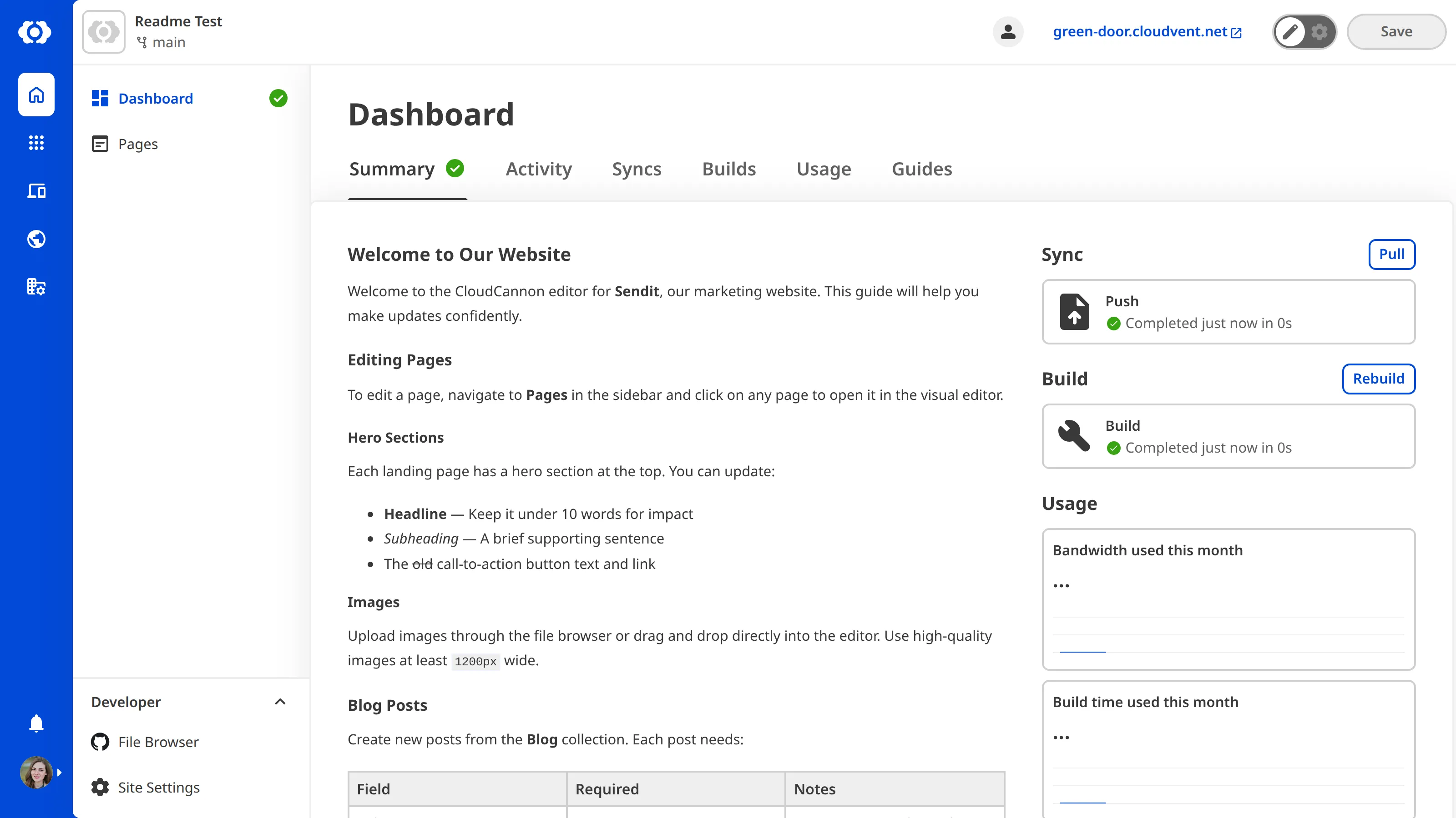 A screenshot of the Site Dashboard shows custom Markdown content at the top of the Summary tab.