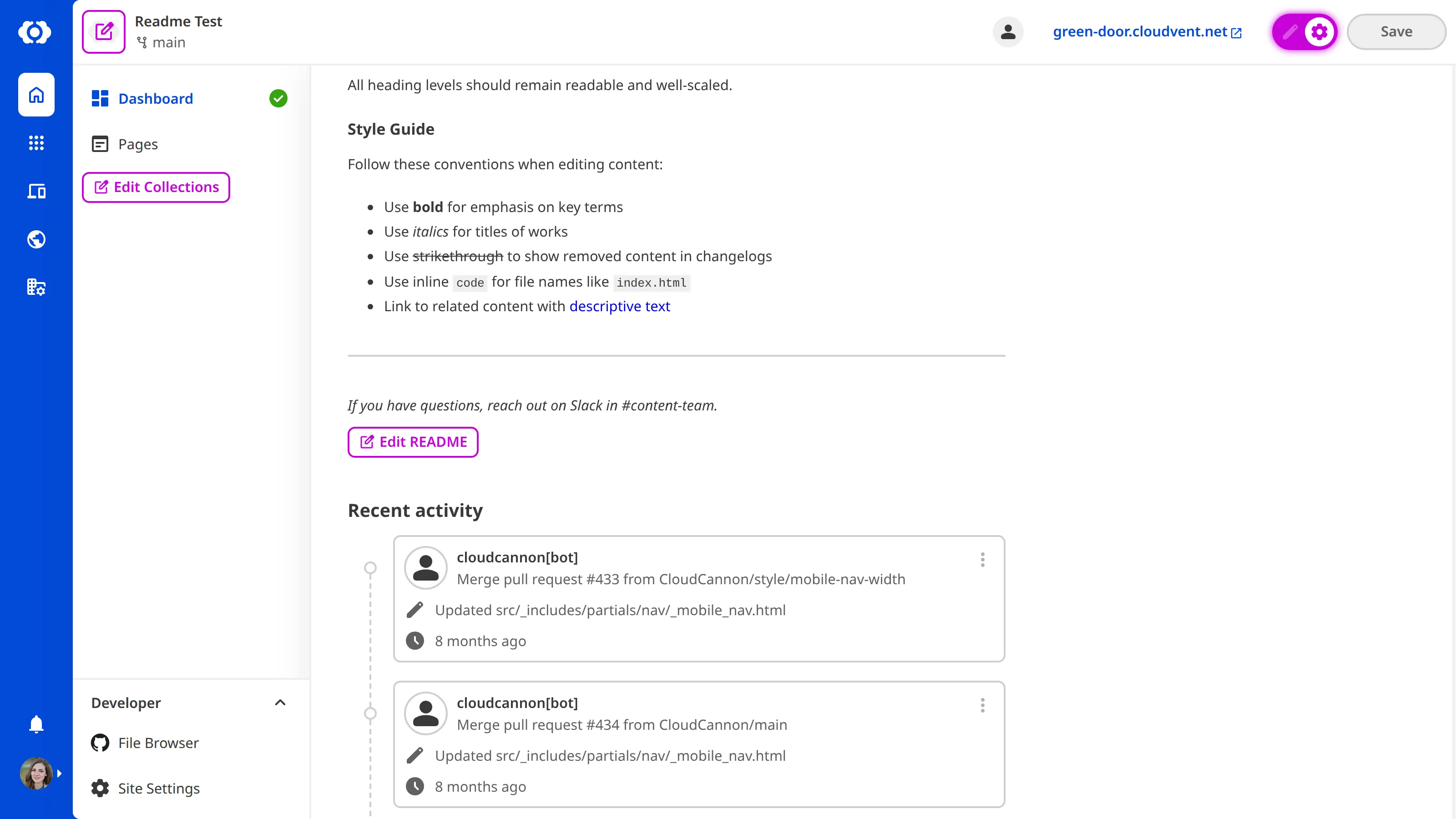 A screenshot of the Site Dashboard with Configuration Mode on shows a purple Edit README button.