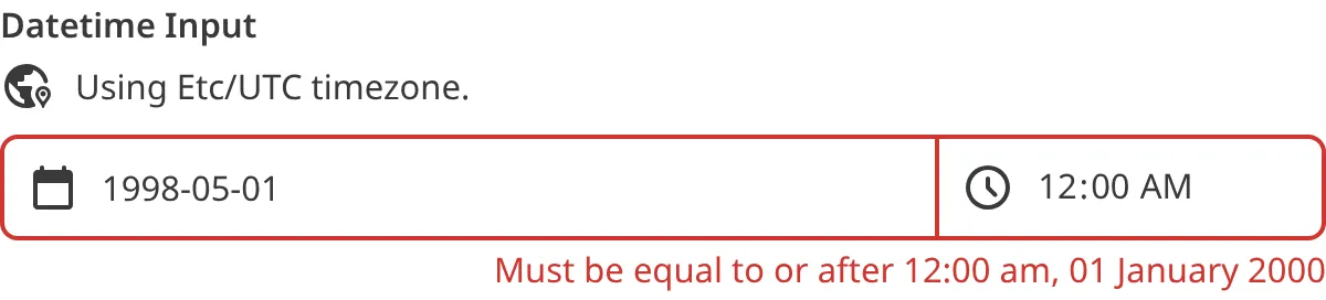 A screenshot of the Date input in the Data Editor shows that the current value does not meet validation criteria.