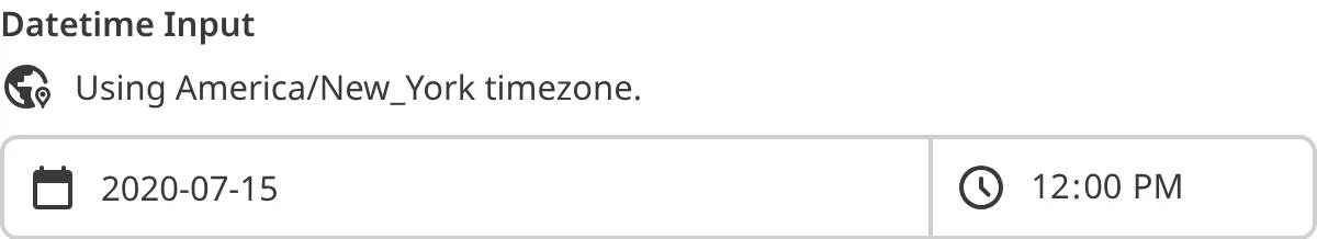 A screenshot of the Datetime Input shows it is using the America/New_York timezone.