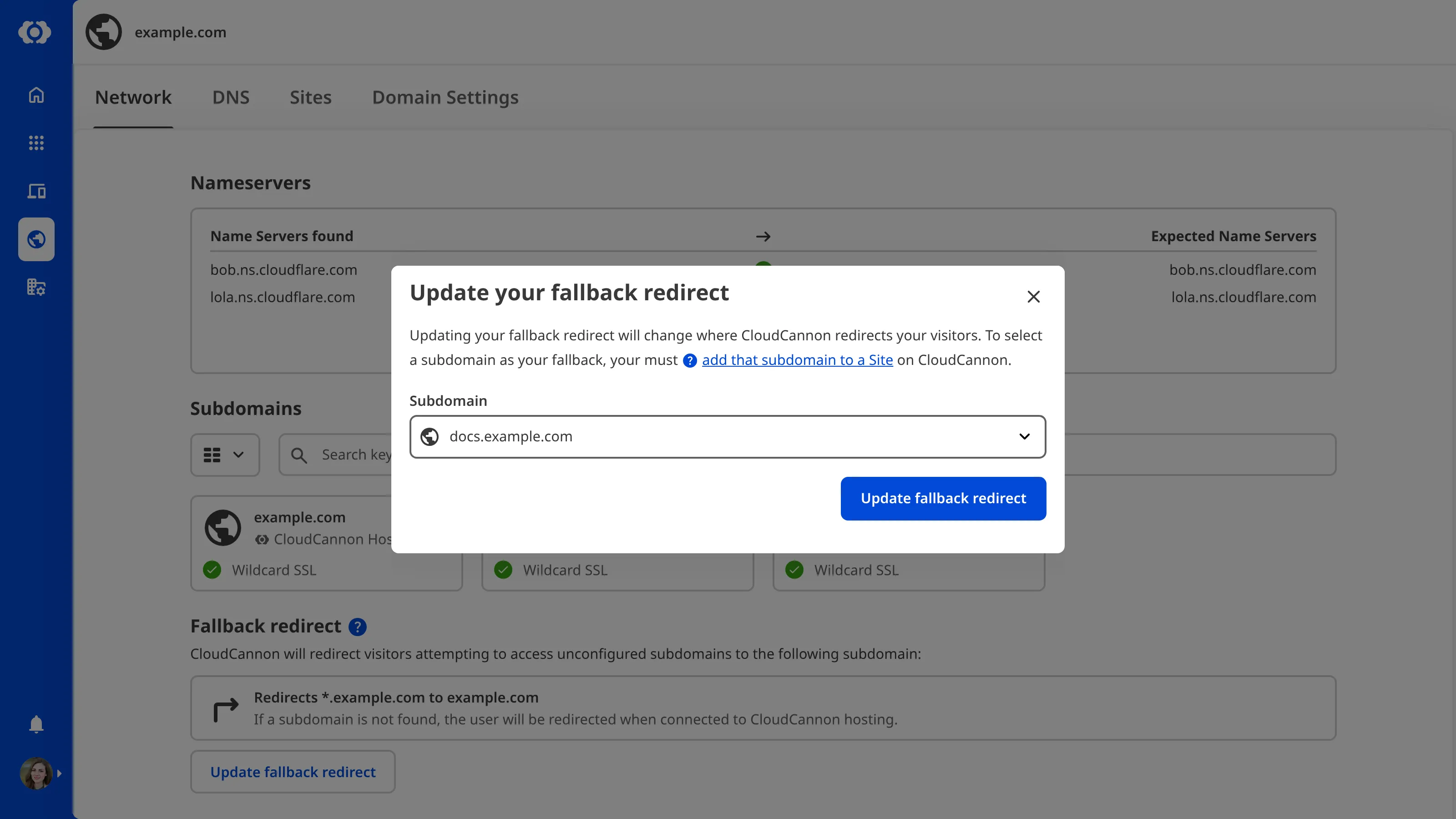 A screenshot of the Update your fallback redirect modal on the Network tab shows a Subdomain dropdown for selecting a new fallback redirect.