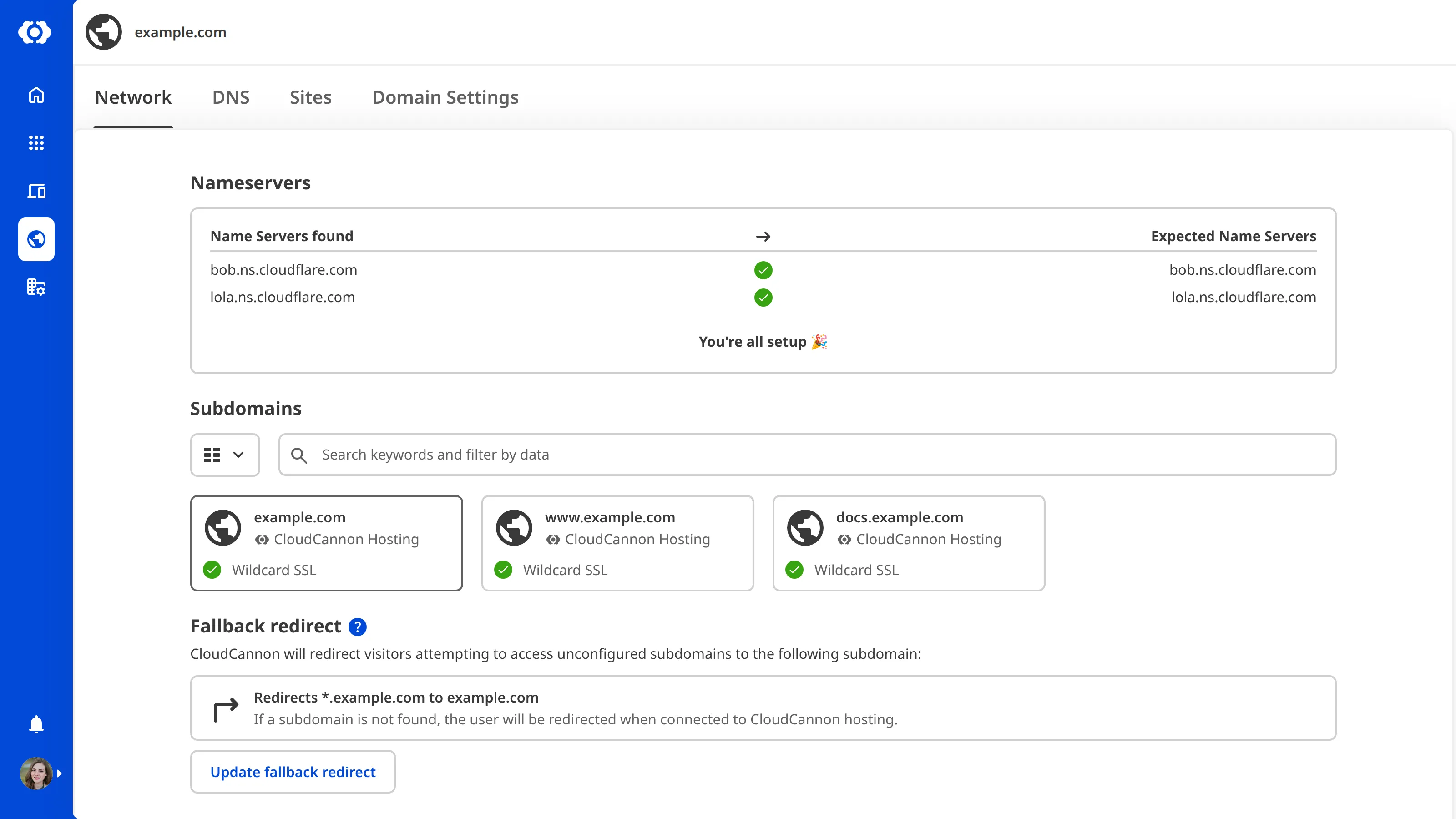 A screenshot of the Network tab on the Domain page shows the fallback redirect section and Update fallback redirect button.