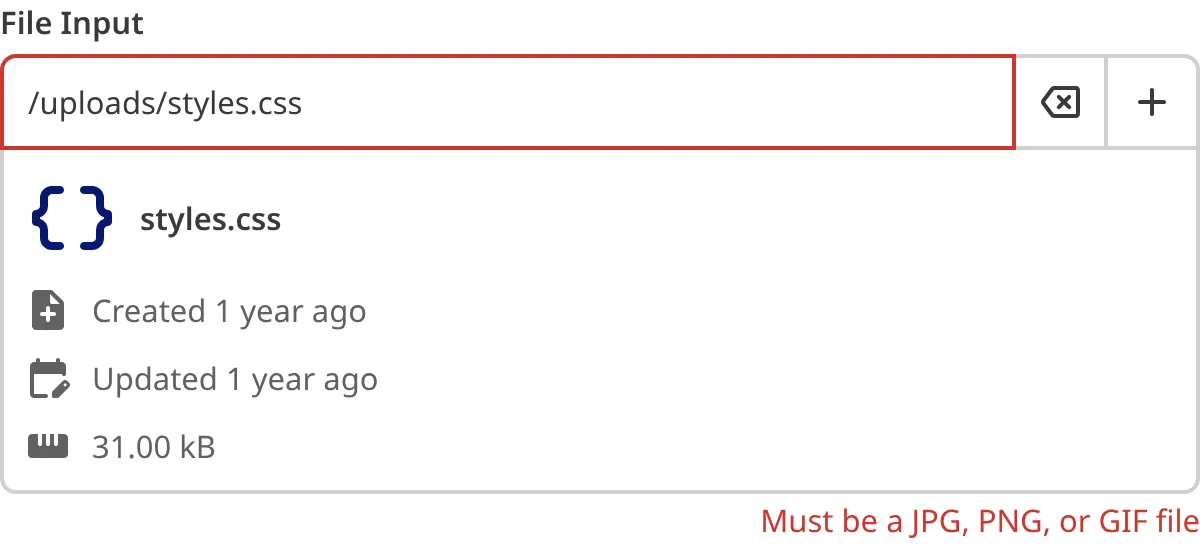 A screenshot of the File Input in the Data Editor shows an error message as the value does not match the configured pattern.