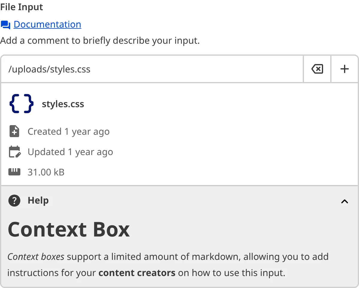 A screenshot of the File Input in the Data Editor with a Context Box underneath the text area.