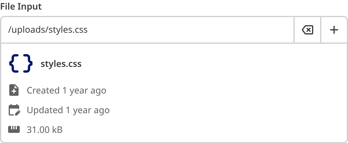 A screenshot of the File Input in the Data Editor shows the preview and metadata for the selected CSS file.