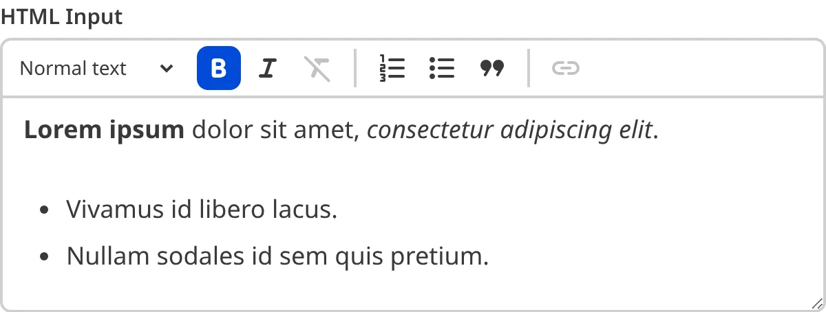 A screenshot of the HTML input in the Data Editor shows a text field and a WYSIWYG toolbar.