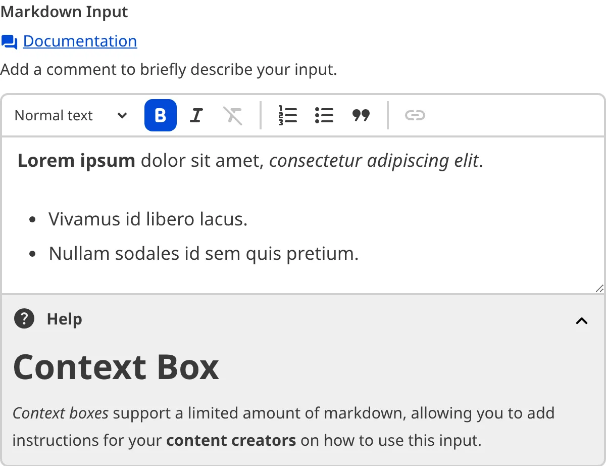 A screenshot of the Markdown Input in the Data Editor with a Context Box underneath the text area.